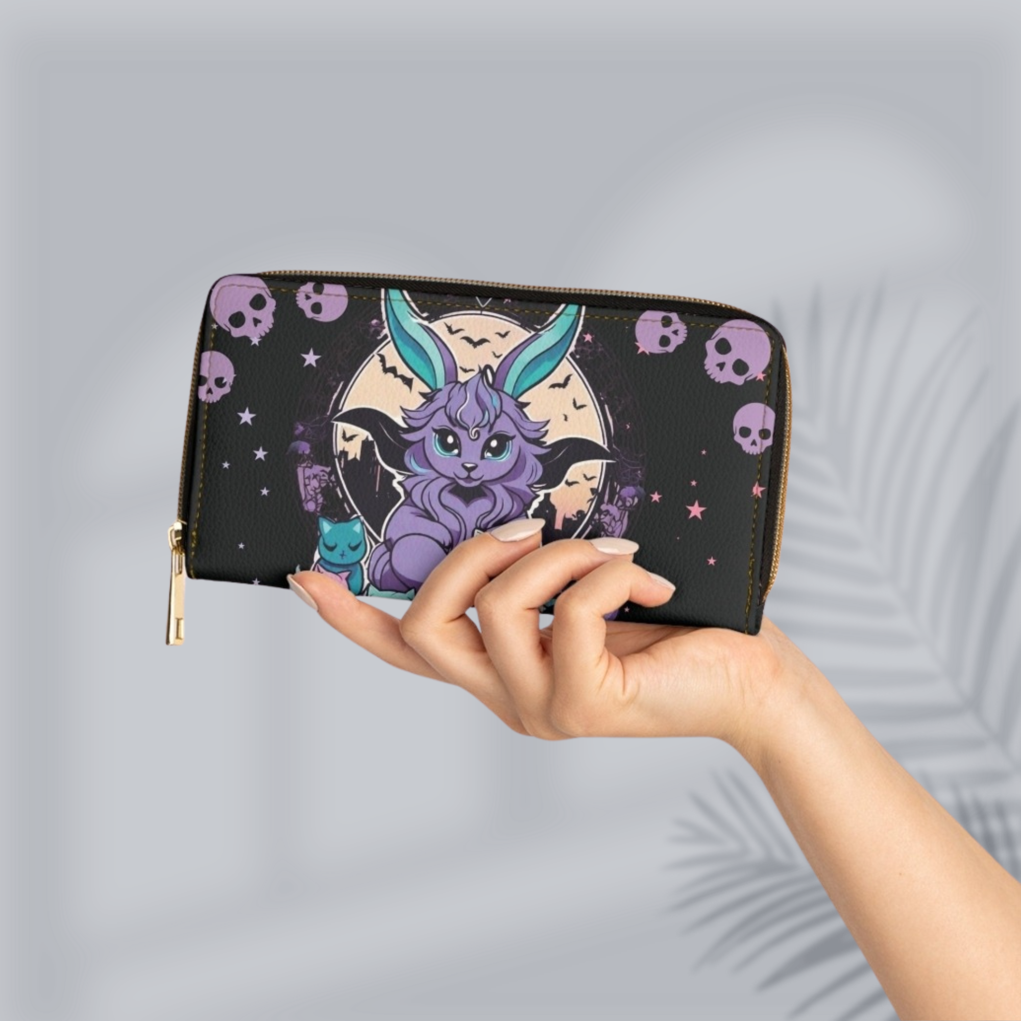Pastel Goth Baphomet Wallet | Kawaii Skull Faux Leather Zipper Clutch