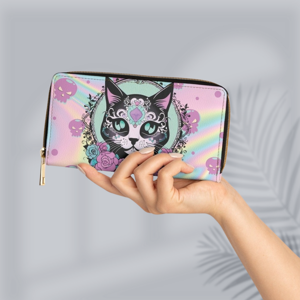 Pastel Goth Sugar Skull Cat Wallet | Rainbow Holographic Faux Leather Zipper Clutch