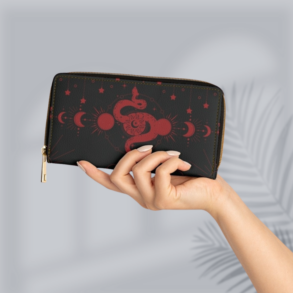 Gothic Celestial Snake Moon Phase Wallet | Witchy Faux Leather Zipper Clutch