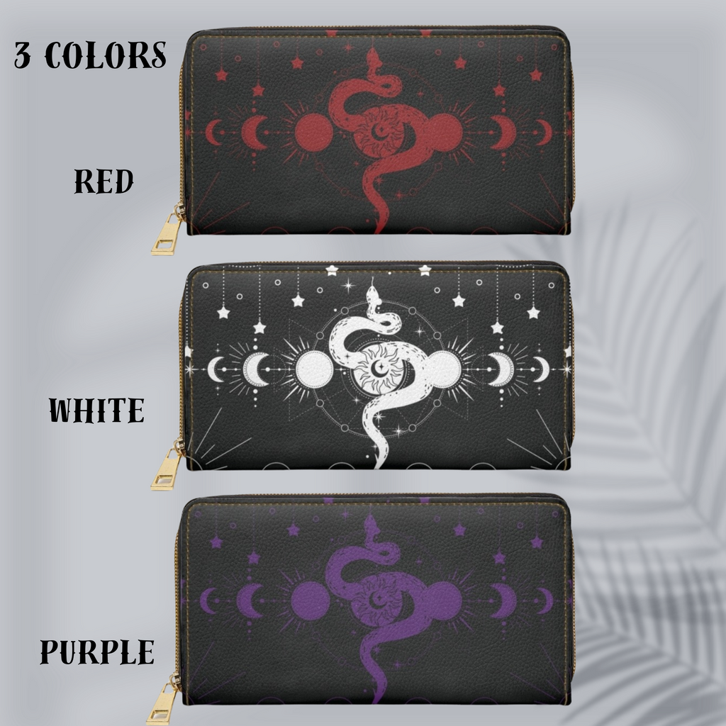 
Gothic celestial snake sun eye moon phases stars black faux leather zipper wallet gold hardware red white purple colorways
