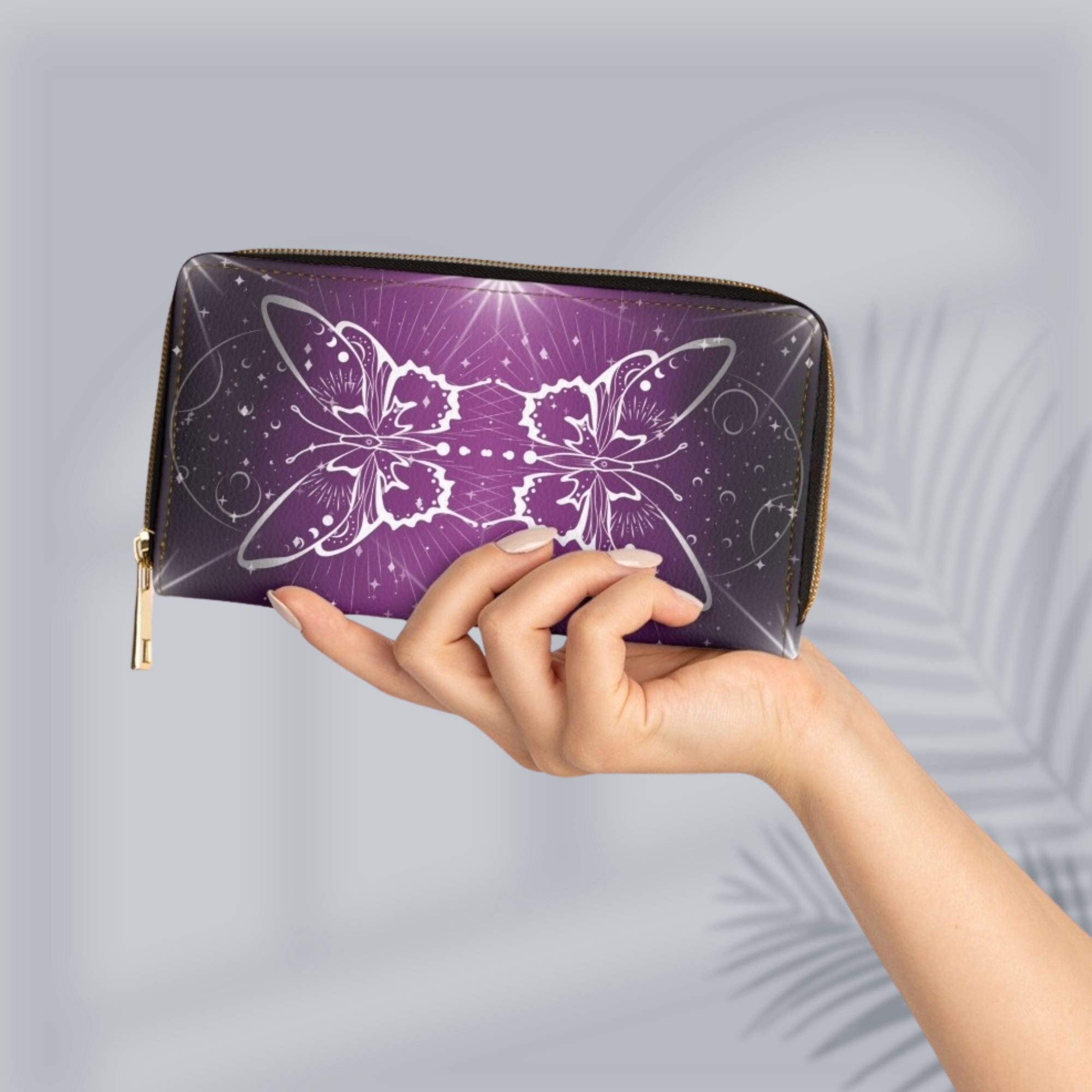 Celestial Luna Moth Wallet | Purple Witchy Faux Leather Zipper Clutch