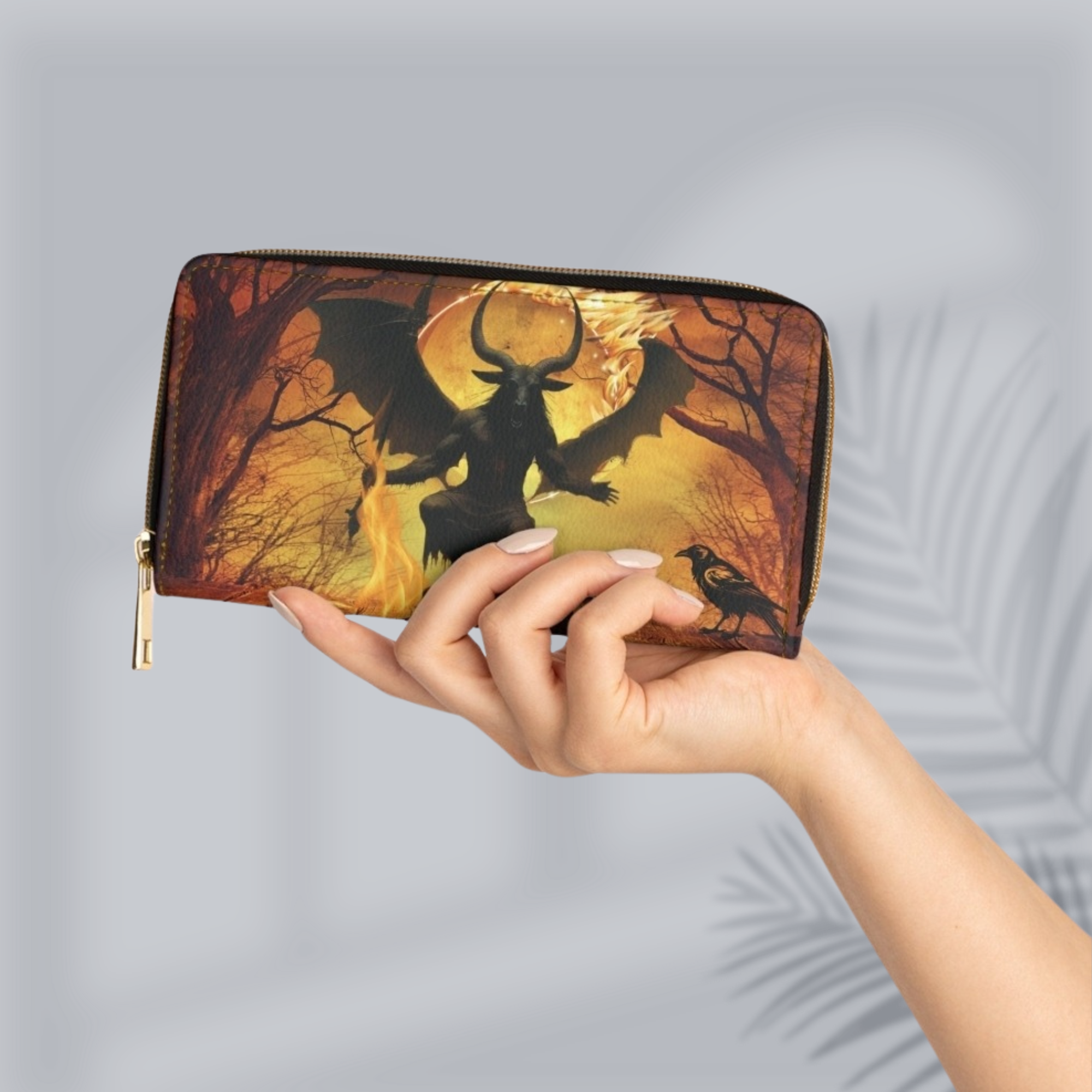 Gothic Baphomet Demon Wallet | Occult Firestorm Faux Leather Zipper Clutch