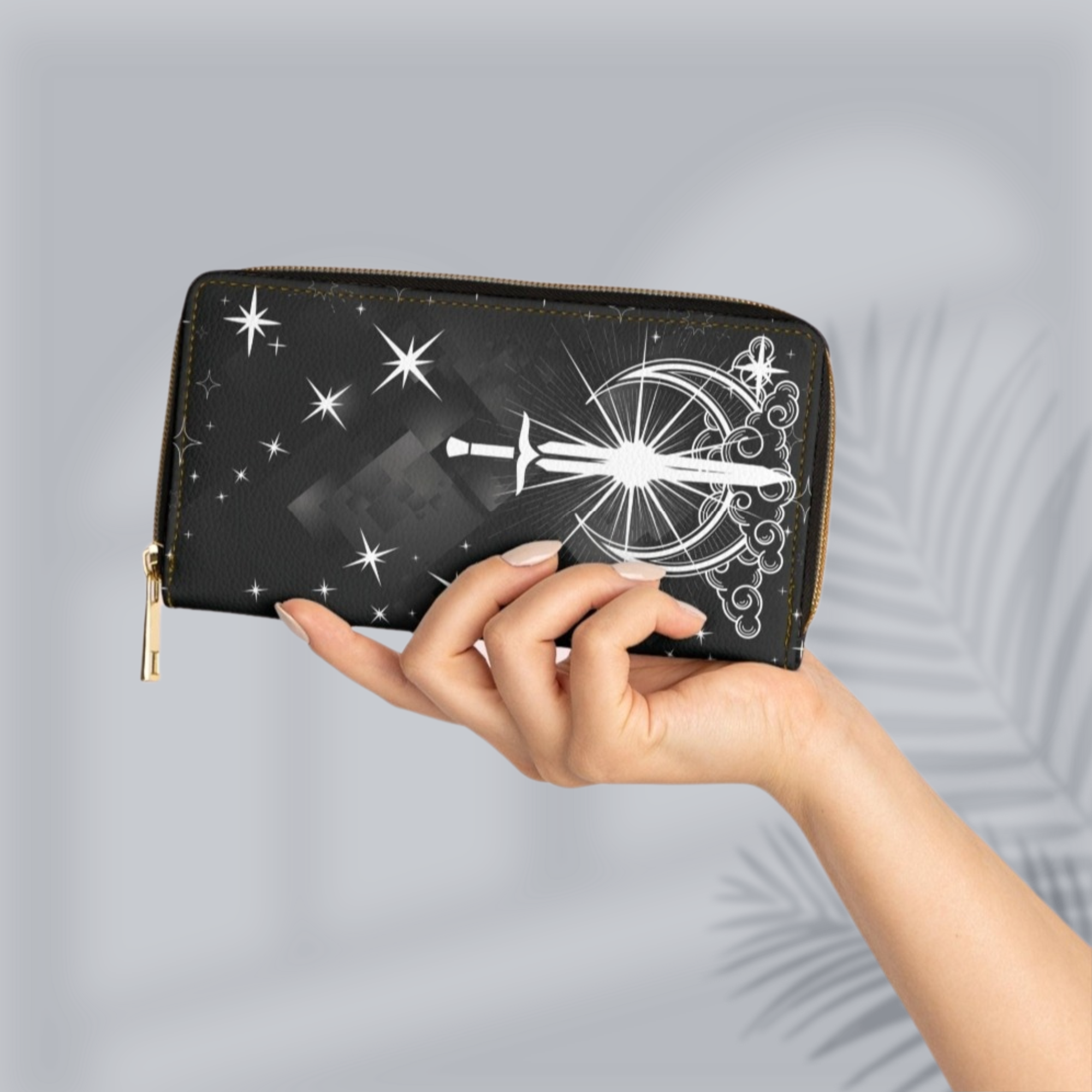 Gothic Celestial Sword Moon Wallet | Witchy Faux Leather Zipper Clutch