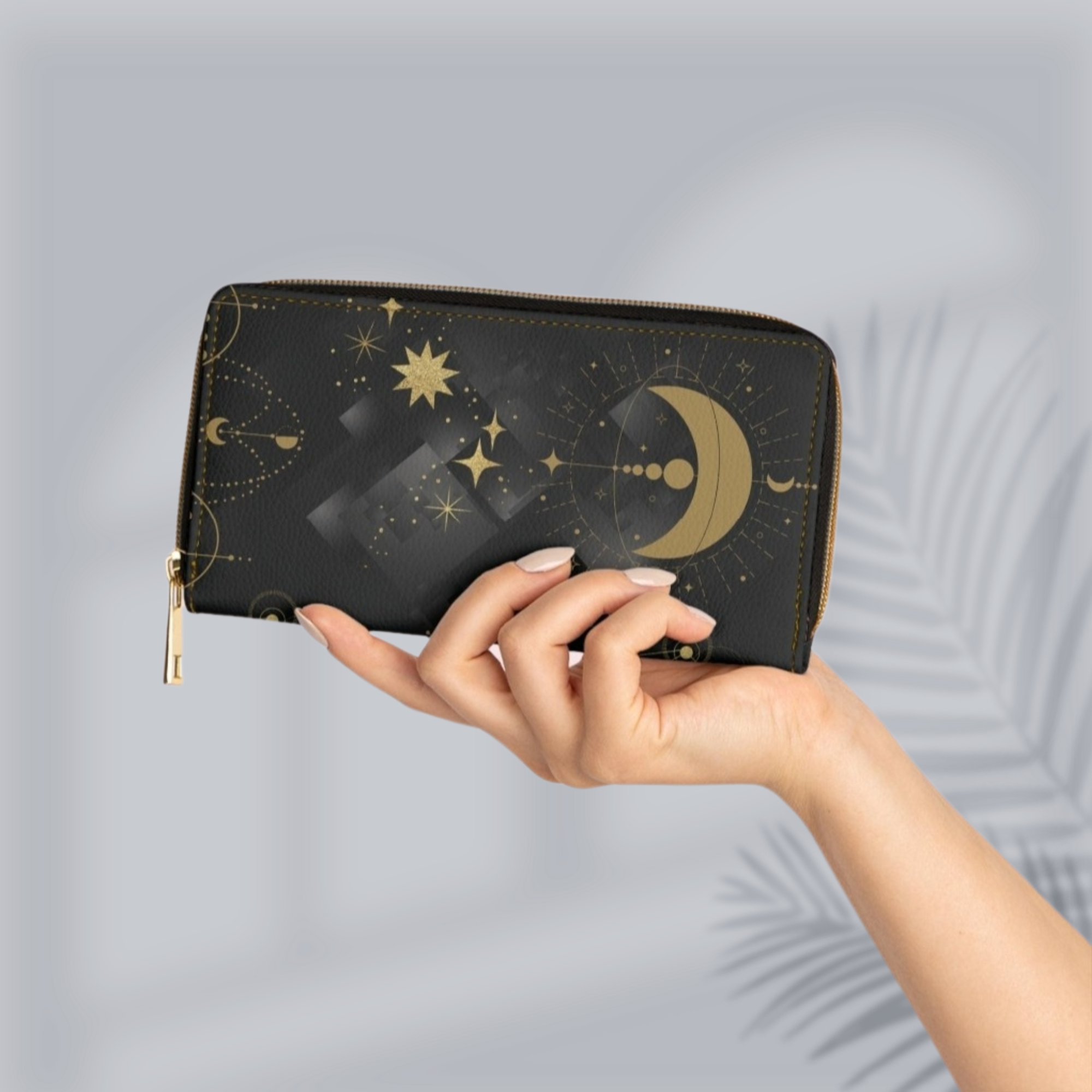 Gold Celestial Moon & Stars Wallet | Witchy Constellation Faux Leather Zipper Clutch