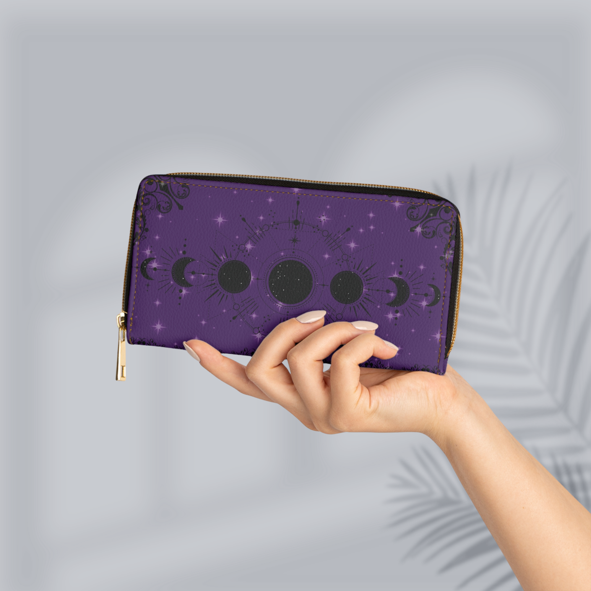 Gothic Gem Tone Moon Phase Wallet | Amethyst Ruby Emerald Faux Leather Zipper Clutch