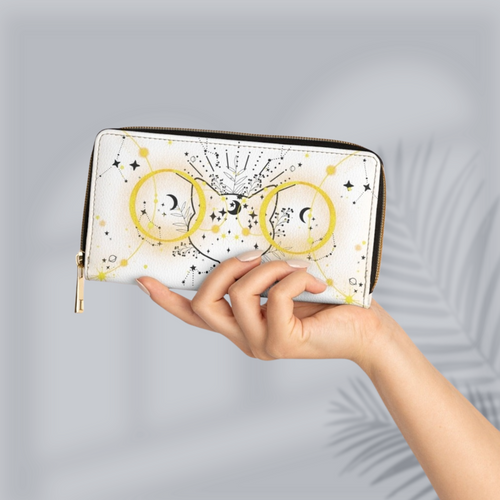 Celestial Cat Face Constellation Wallet | Witchy Faux Leather Zipper Clutch