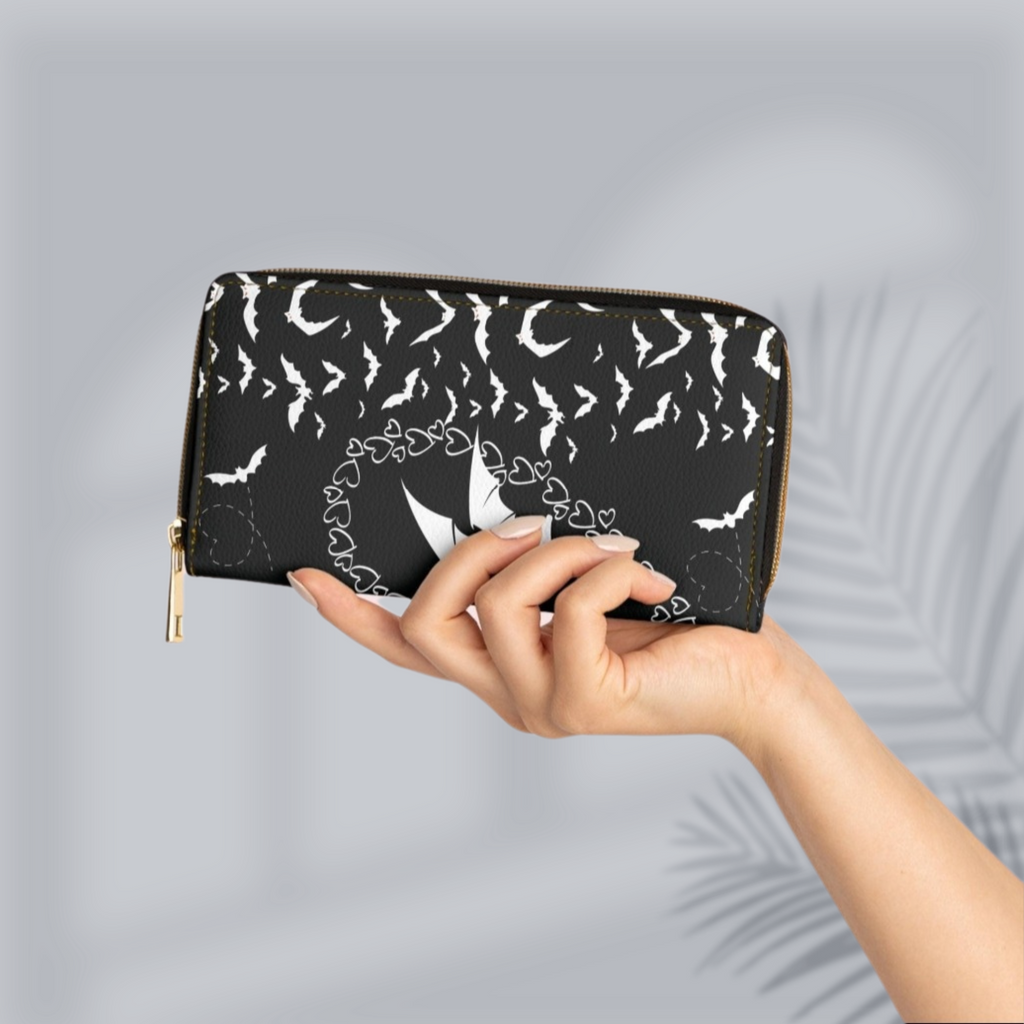 Gothic Bat & Heart Chain Wallet | Two-Sided Black & White Faux Leather Zipper Clutch