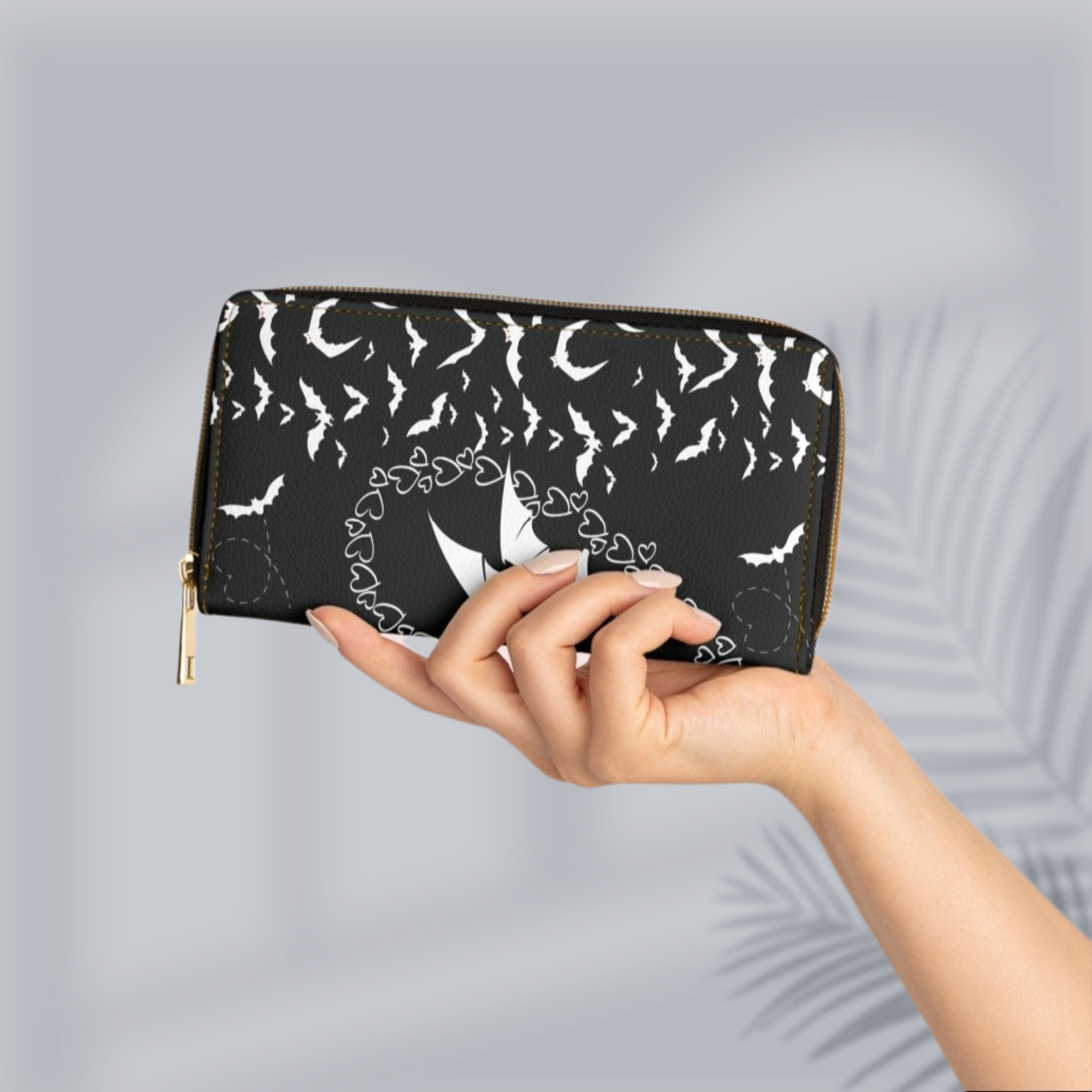 Gothic Bat & Heart Chain Wallet | Two-Sided Black & White Faux Leather Zipper Clutch
