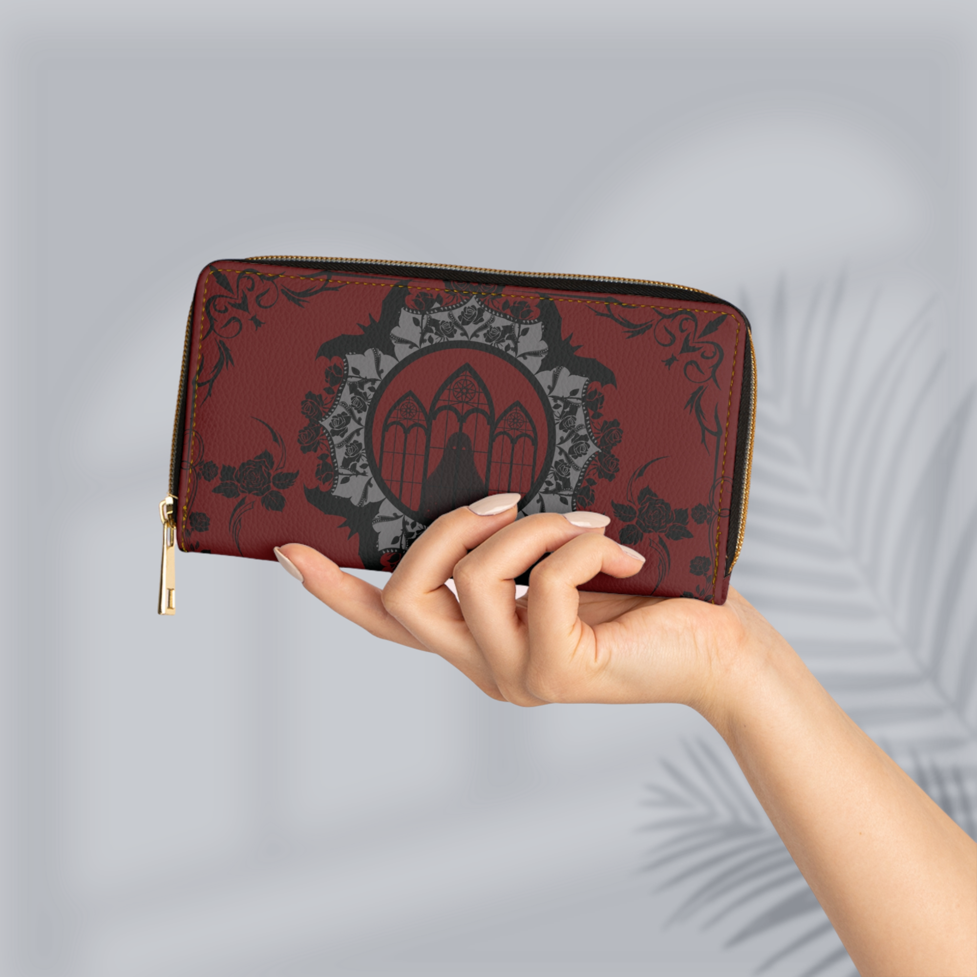 Gothic Cathedral Bat Mandala Wallet | Crimson Rose Faux Leather Zipper Clutch