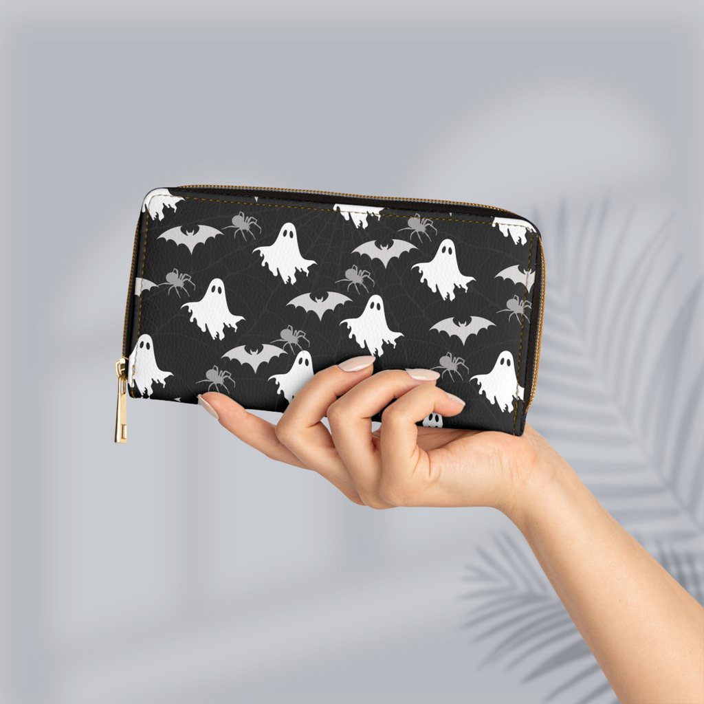 Gothic Ghost Bat & Spider Wallet | Spooky Print Faux Leather Zipper Clutch