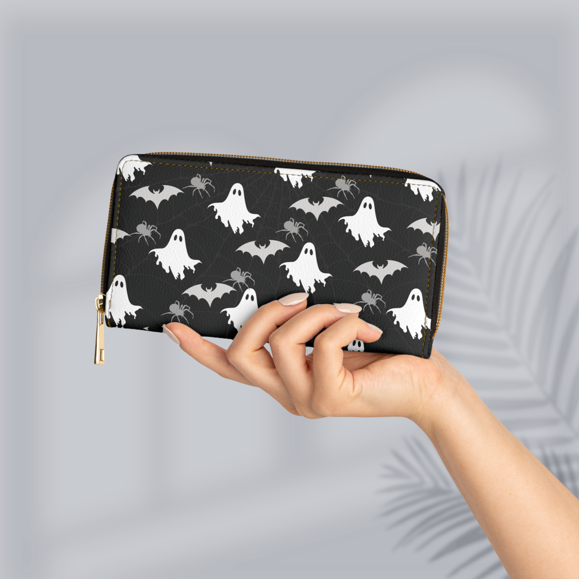 Gothic Ghost Bat & Spider Wallet | Spooky Print Faux Leather Zipper Clutch