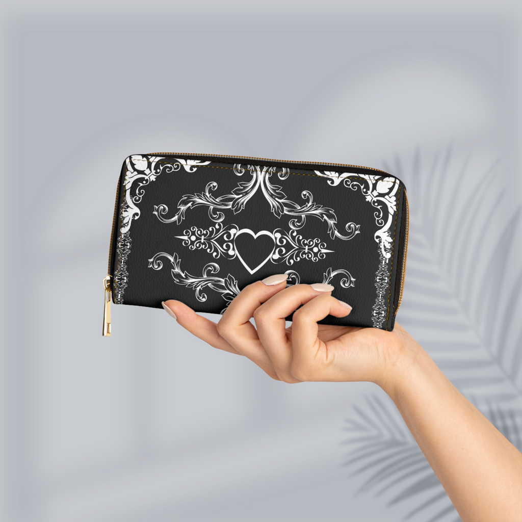 Gothic Floral Heart Wallet | Black & White Scrollwork Faux Leather Zipper Clutch