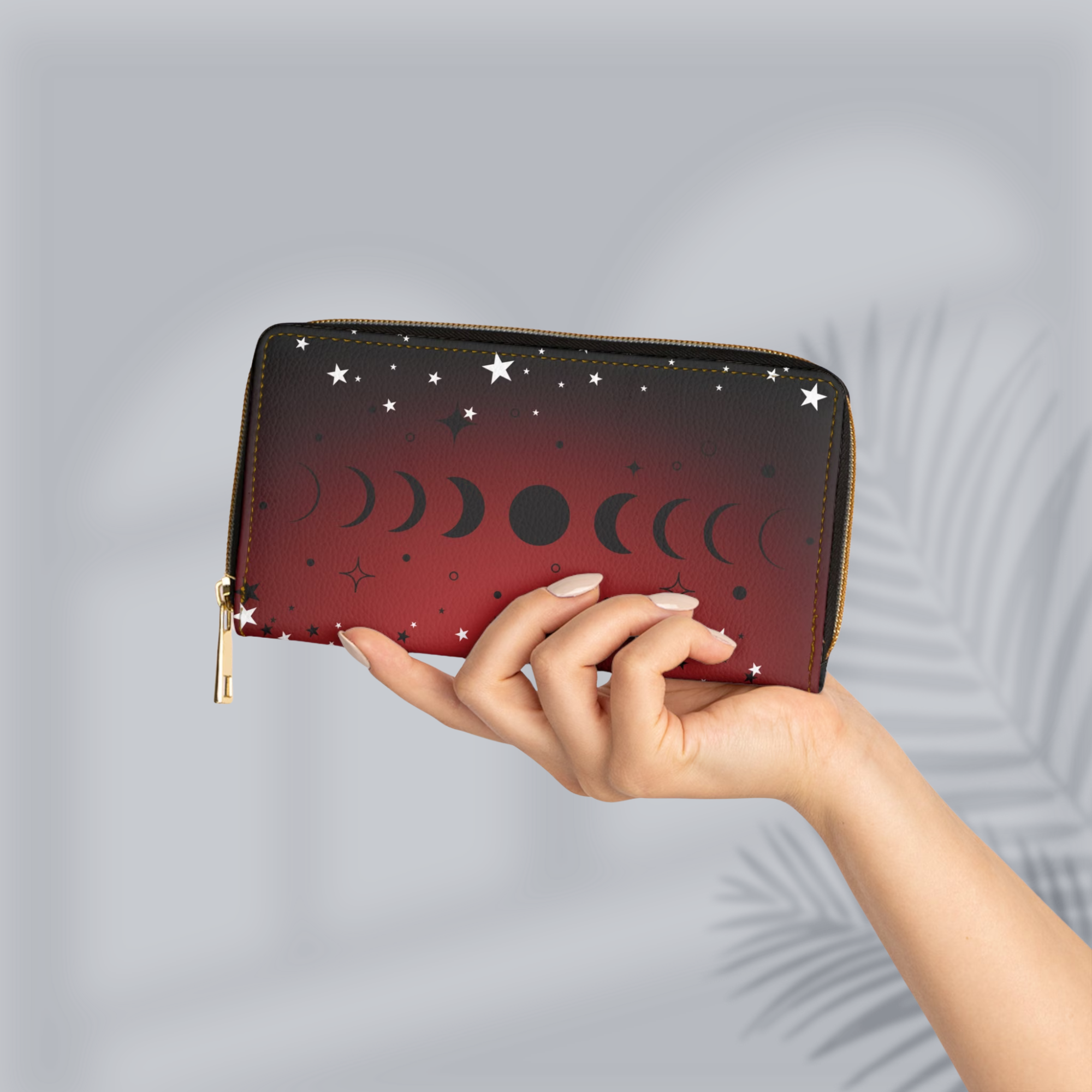 Gothic Moon Phase Wallet | Crimson Dark Academia Faux Leather Zipper Clutch