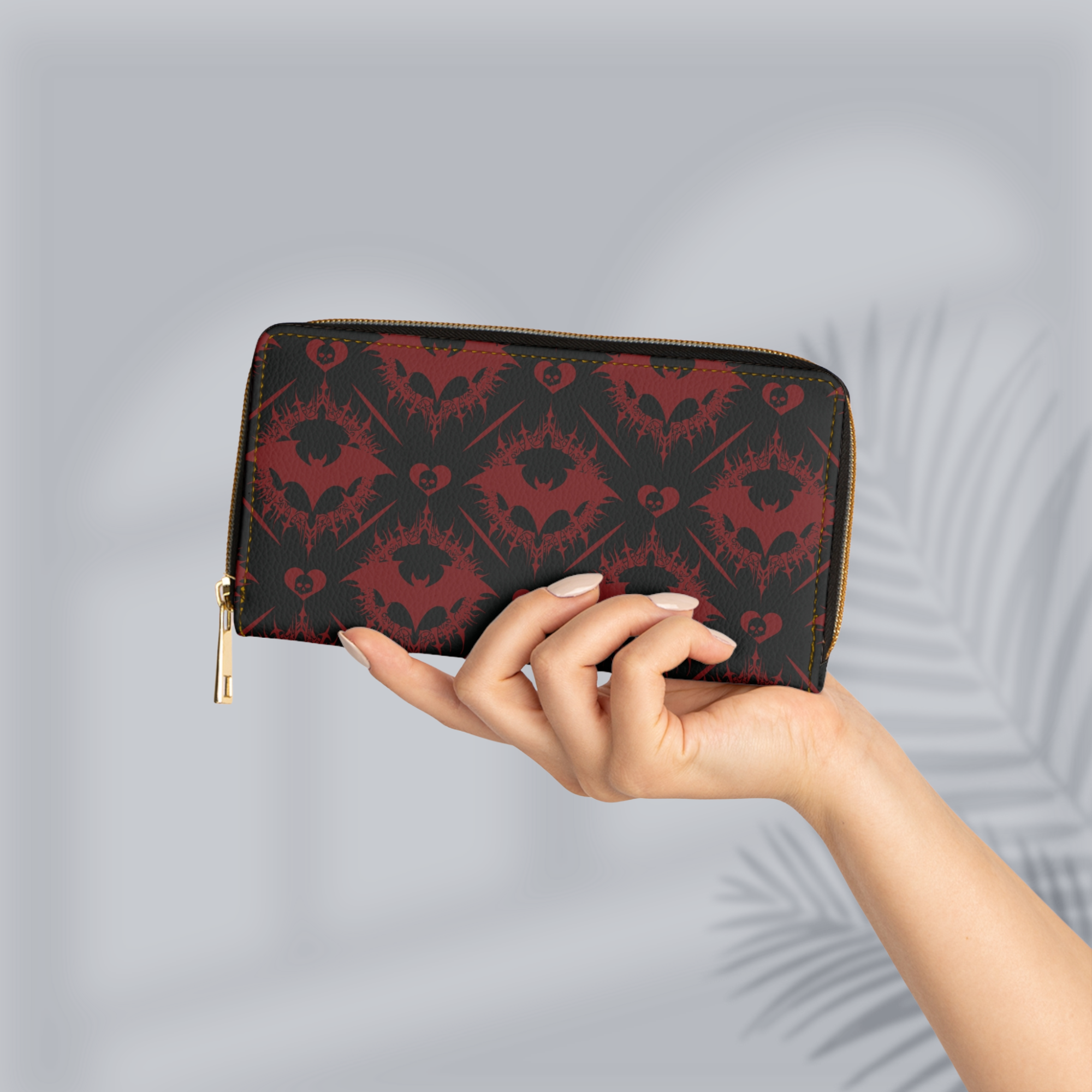 Gothic Bat Pattern Wallet | Black & Red Damask Faux Leather Zipper Clutch