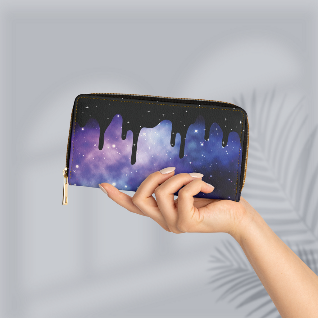 Pastel Goth Galaxy Drip Wallet | Purple Nebula Faux Leather Zipper Clutch
