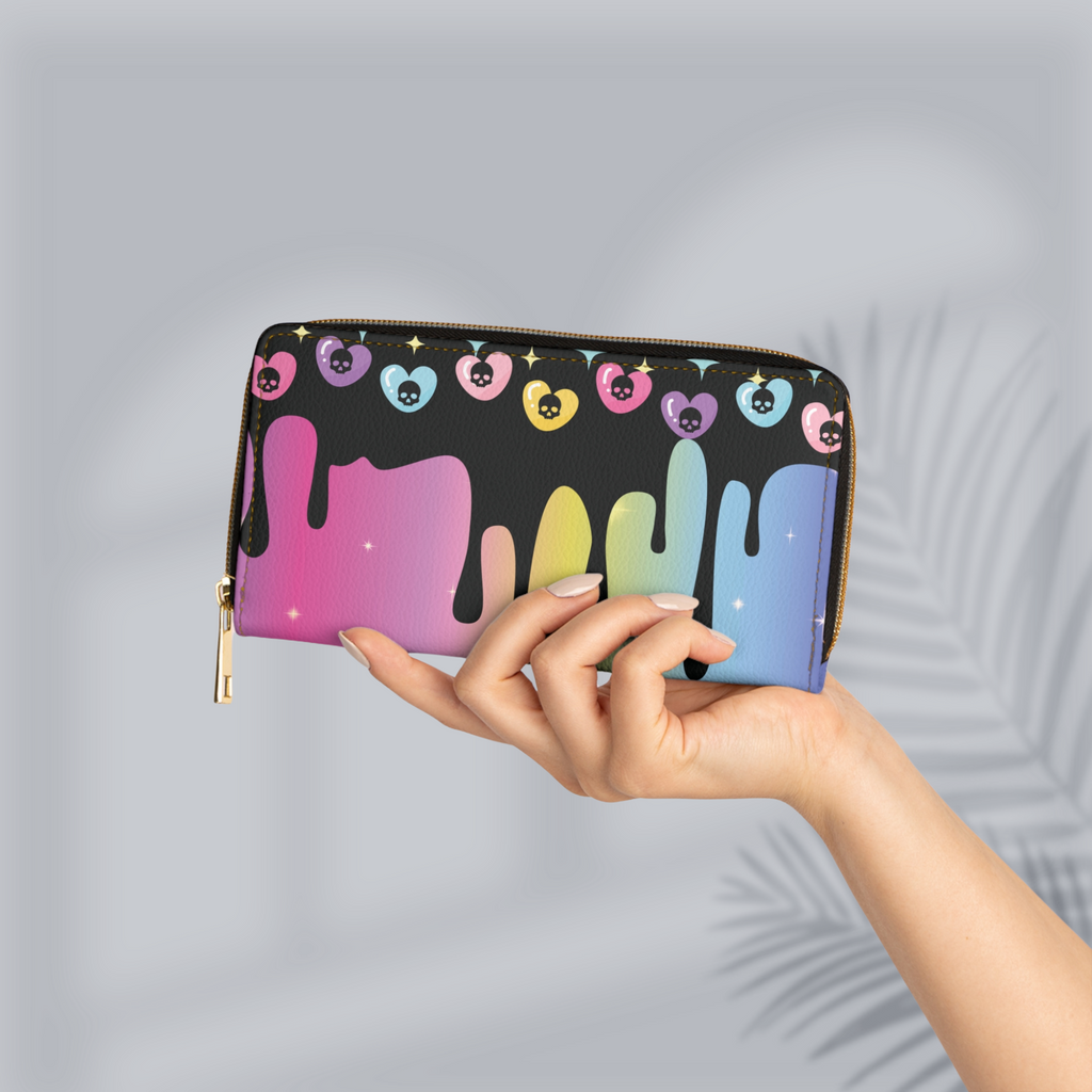 Pastel Goth Rainbow Drip Skull Heart Wallet | Colorful Faux Leather Zipper Clutch