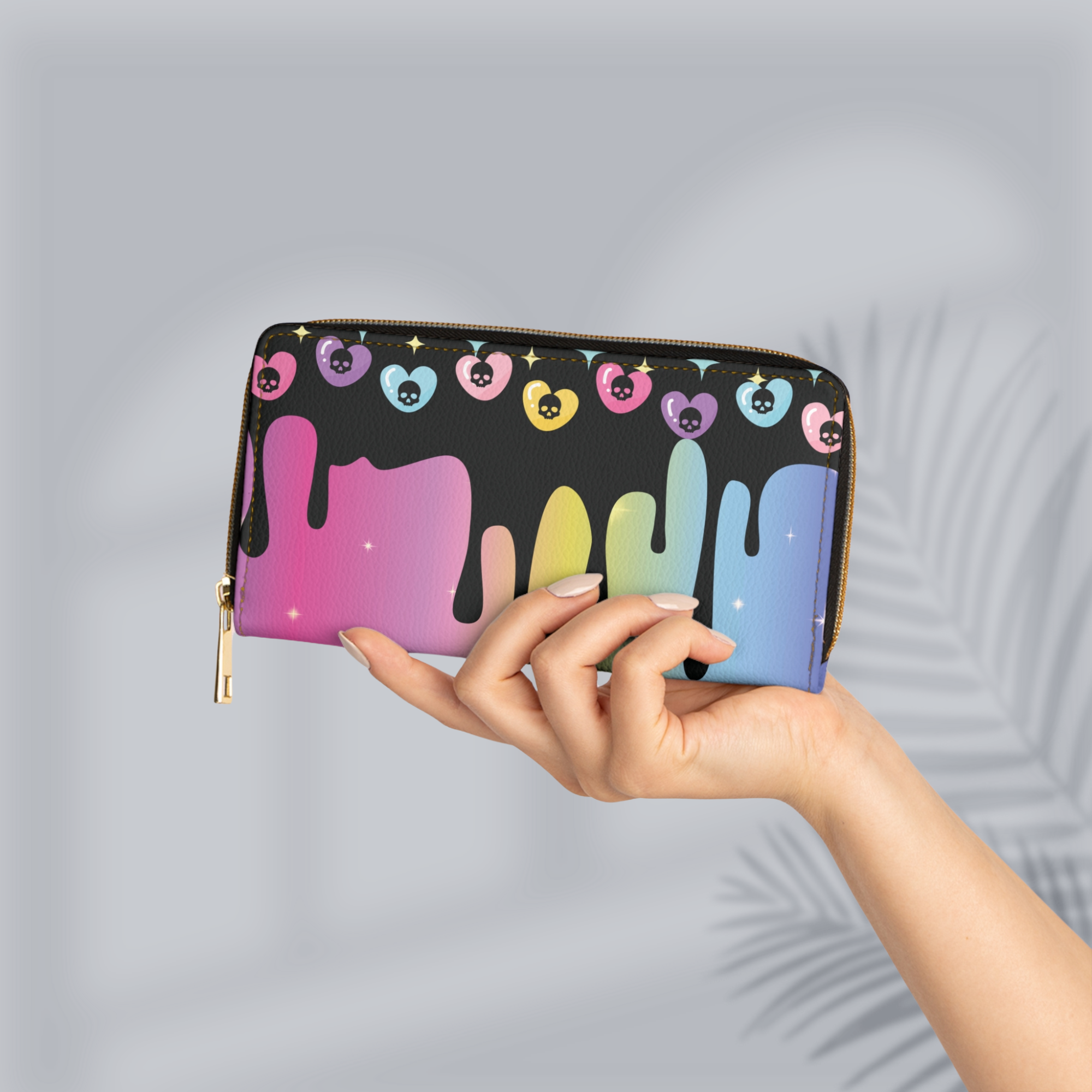 Pastel Goth Rainbow Drip Skull Heart Wallet | Colorful Faux Leather Zipper Clutch