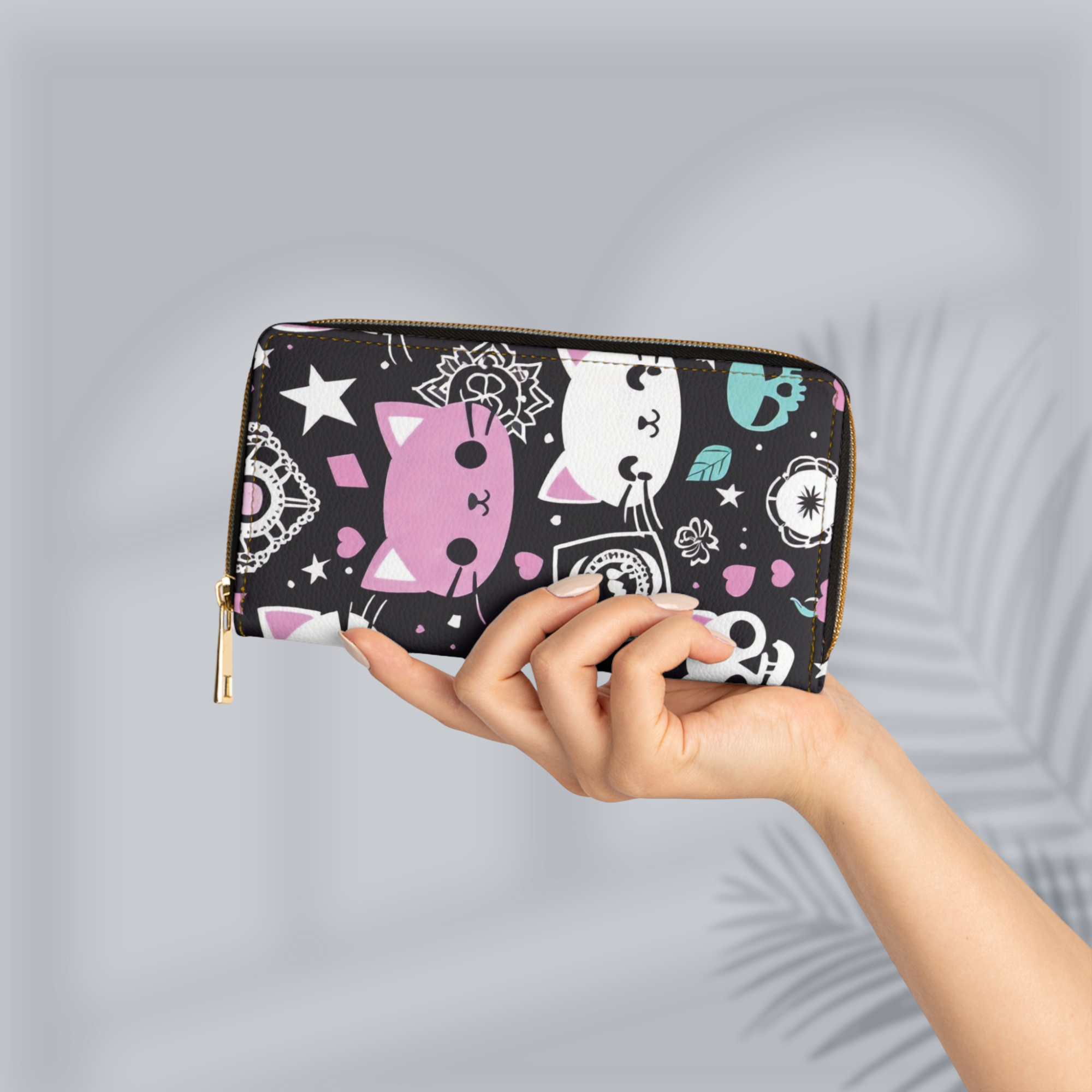 Pastel Goth Kawaii Cat Wallet | Pink & Black Faux Leather Zipper Clutch