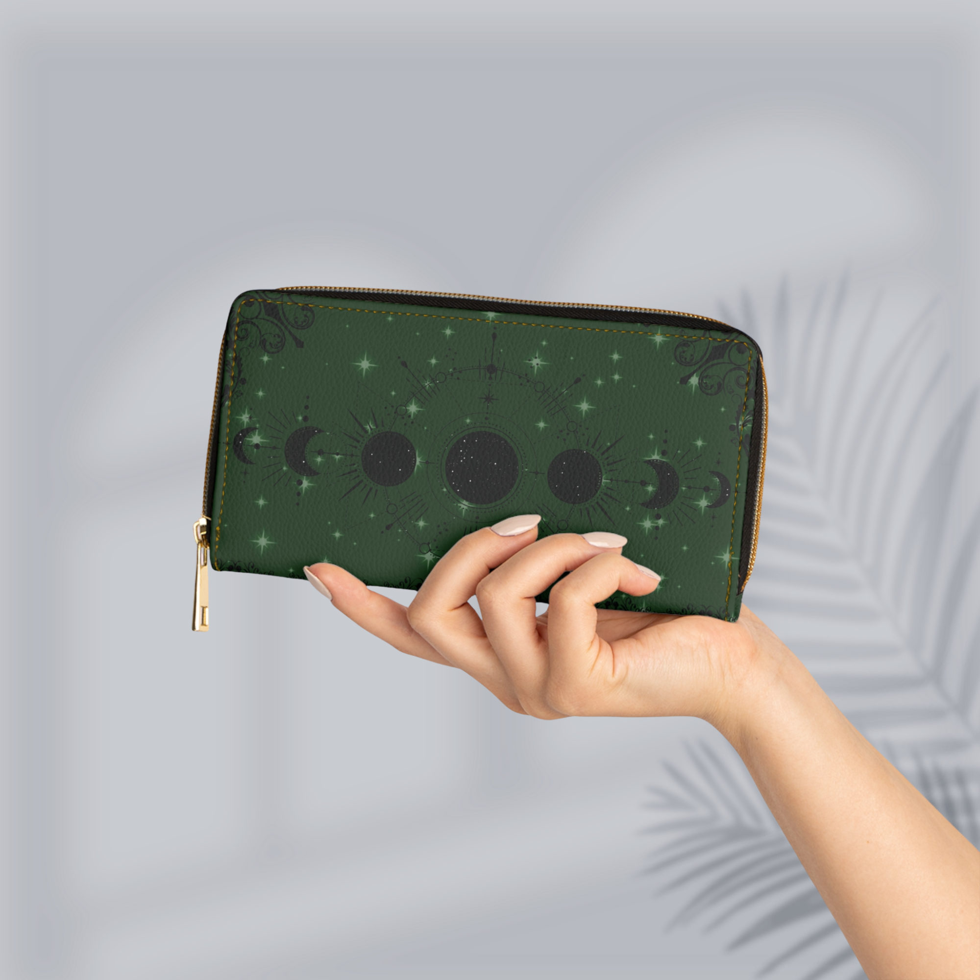 Gothic Gem Tone Moon Phase Wallet | Amethyst Ruby Emerald Faux Leather Zipper Clutch