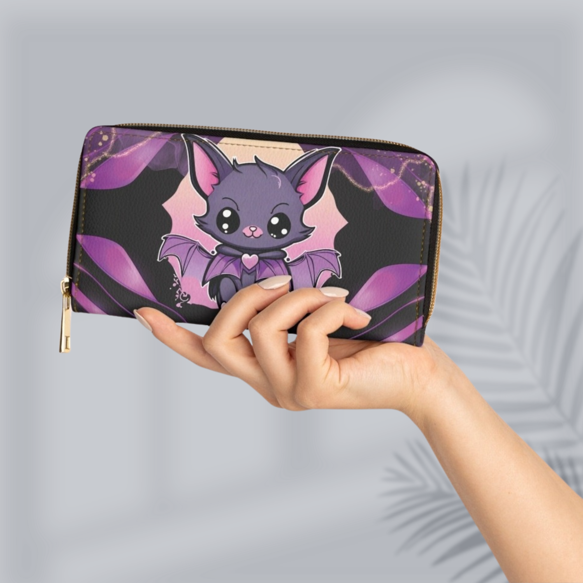 Pastel Goth Kawaii Bat Wallet | Purple Faux Leather Zipper Clutch