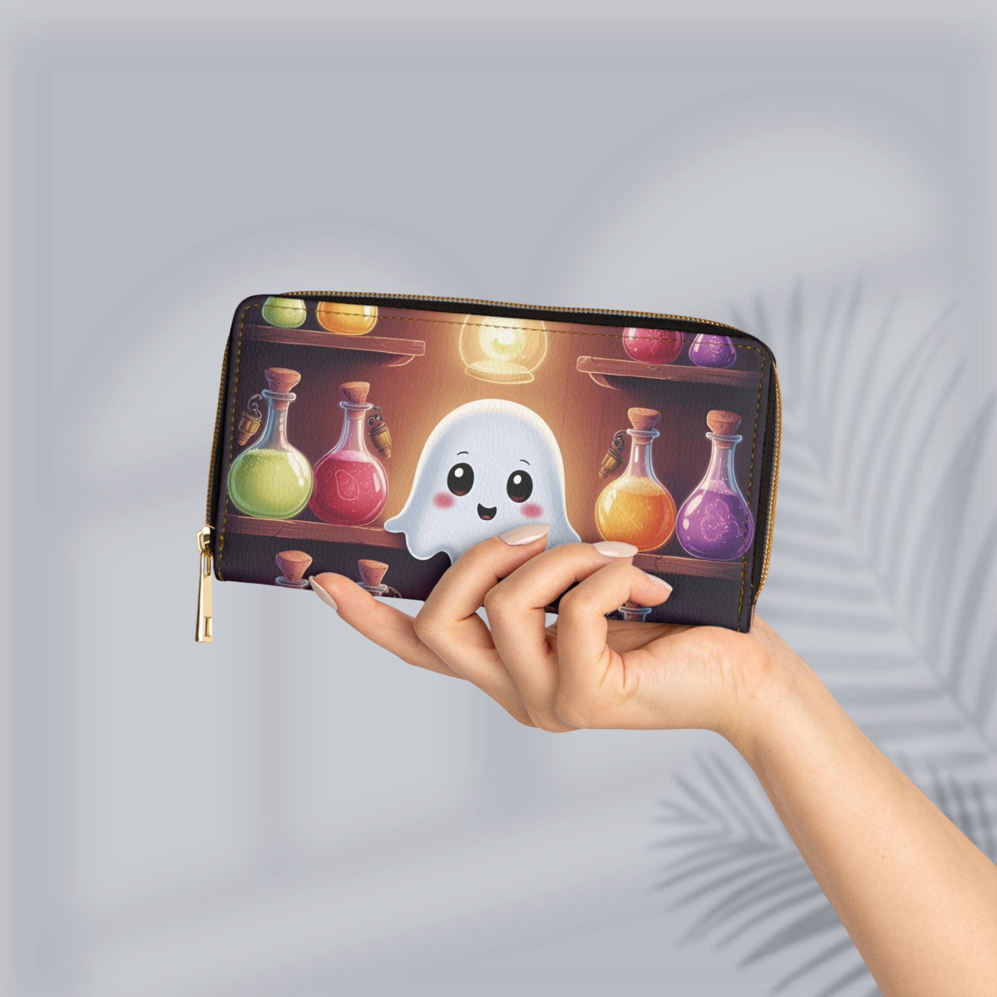 Apothecary Ghost Potion Wallet | Kawaii Spooky Faux Leather Zipper Clutch