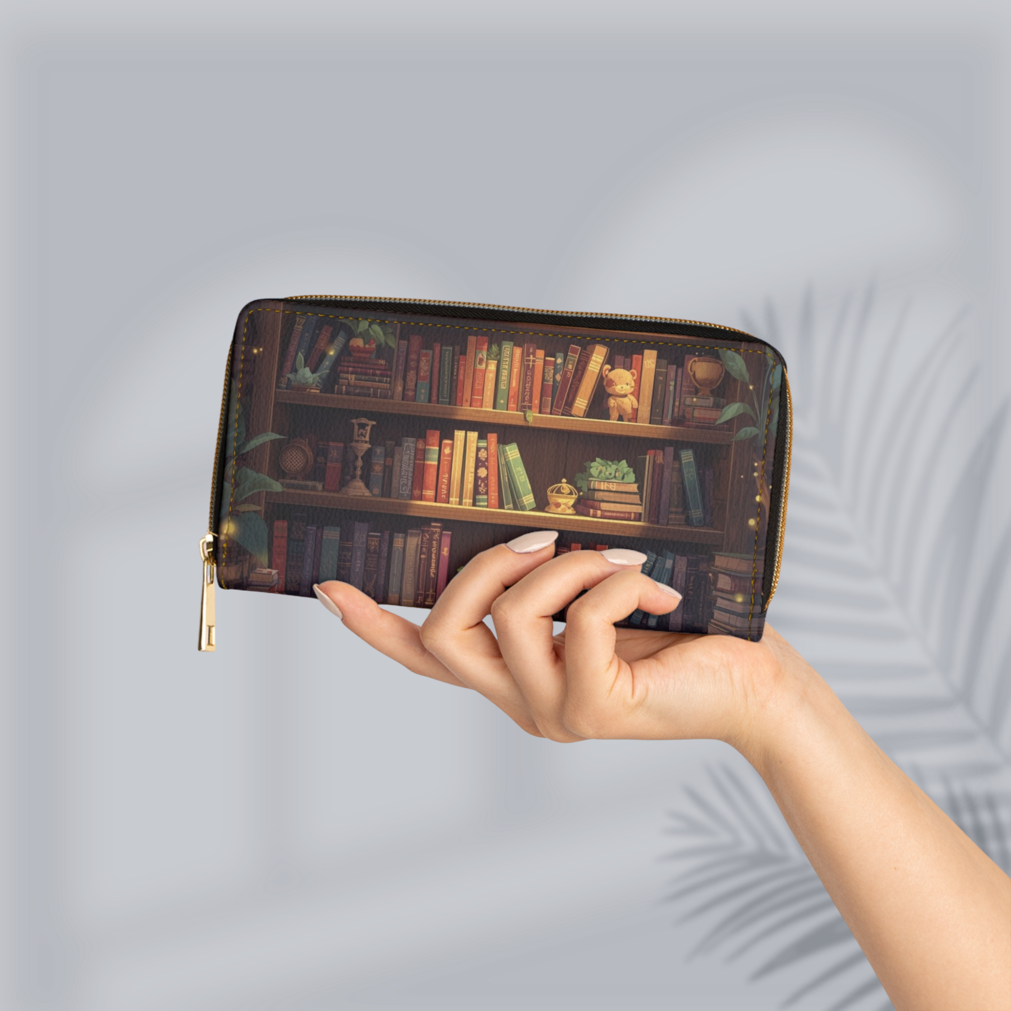 Whimsical Bookcase Wallet | Book Lover Dark Academia Faux Leather Zipper Clutch