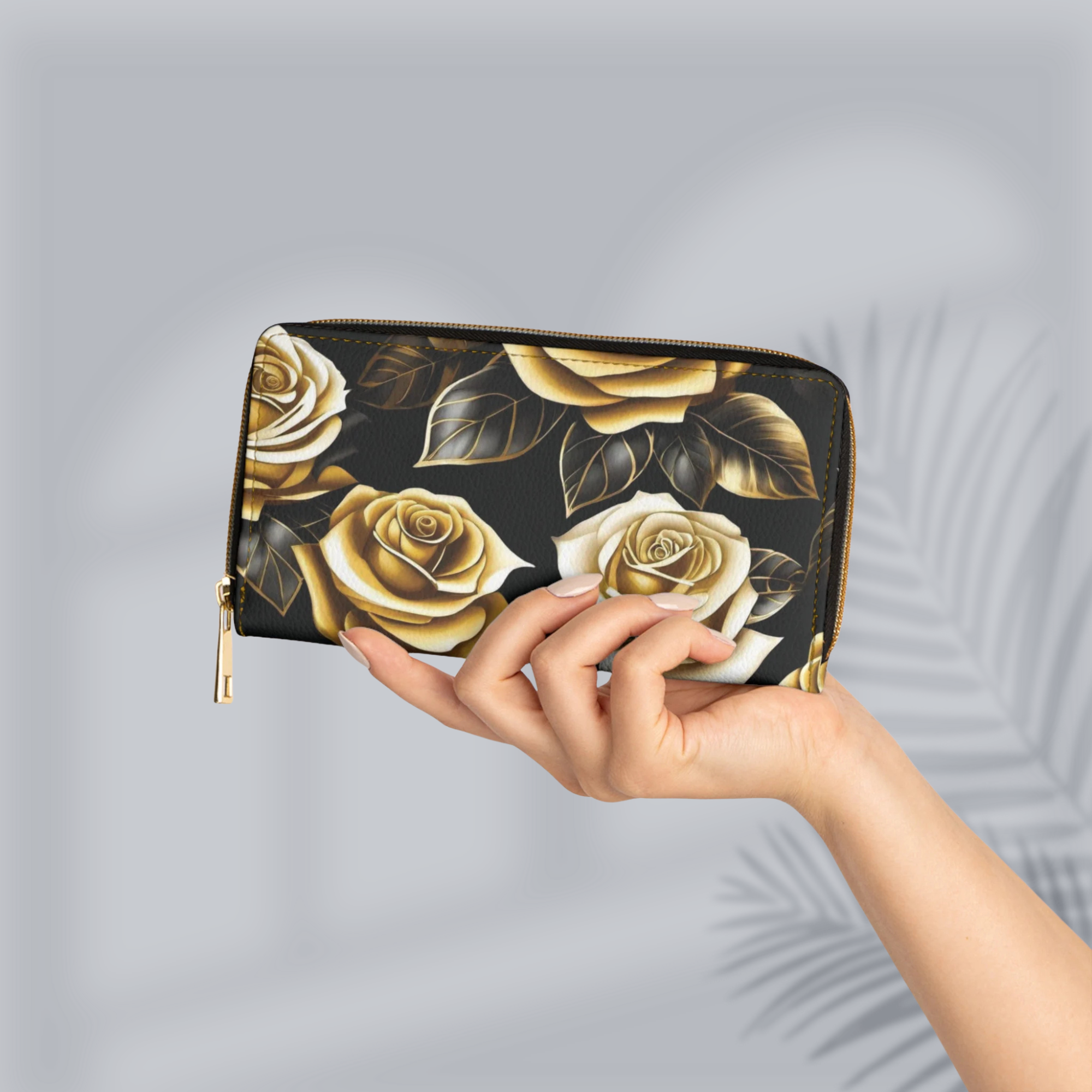 Gothic Black & Gold Rose Wallet | Elegant Floral Faux Leather Zipper Clutch