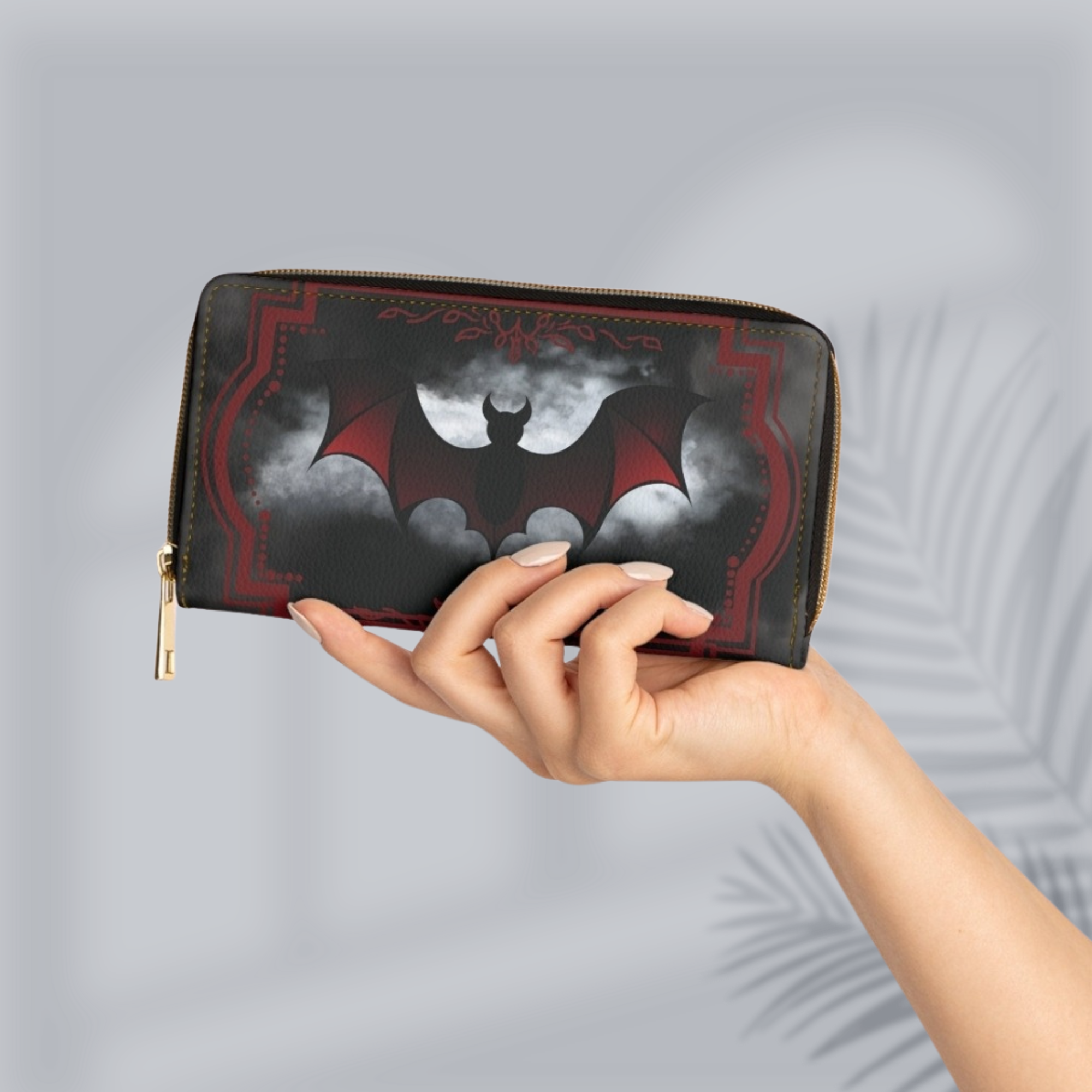 Gothic Red & Black Bat Wallet | Moonlit Vampire Bat Faux Leather Zipper Clutch