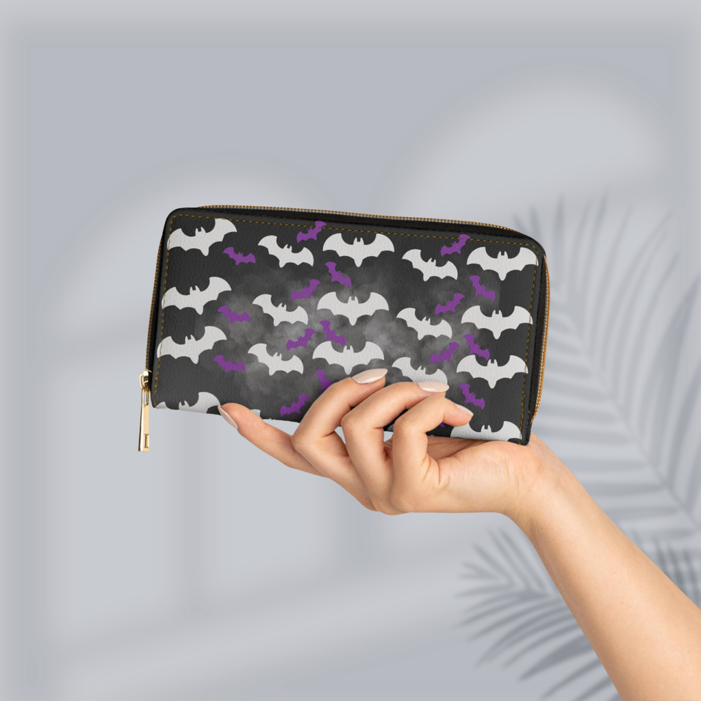 Gothic Bat Print Wallet | White & Purple Bat Pattern Faux Leather Zipper Clutch
