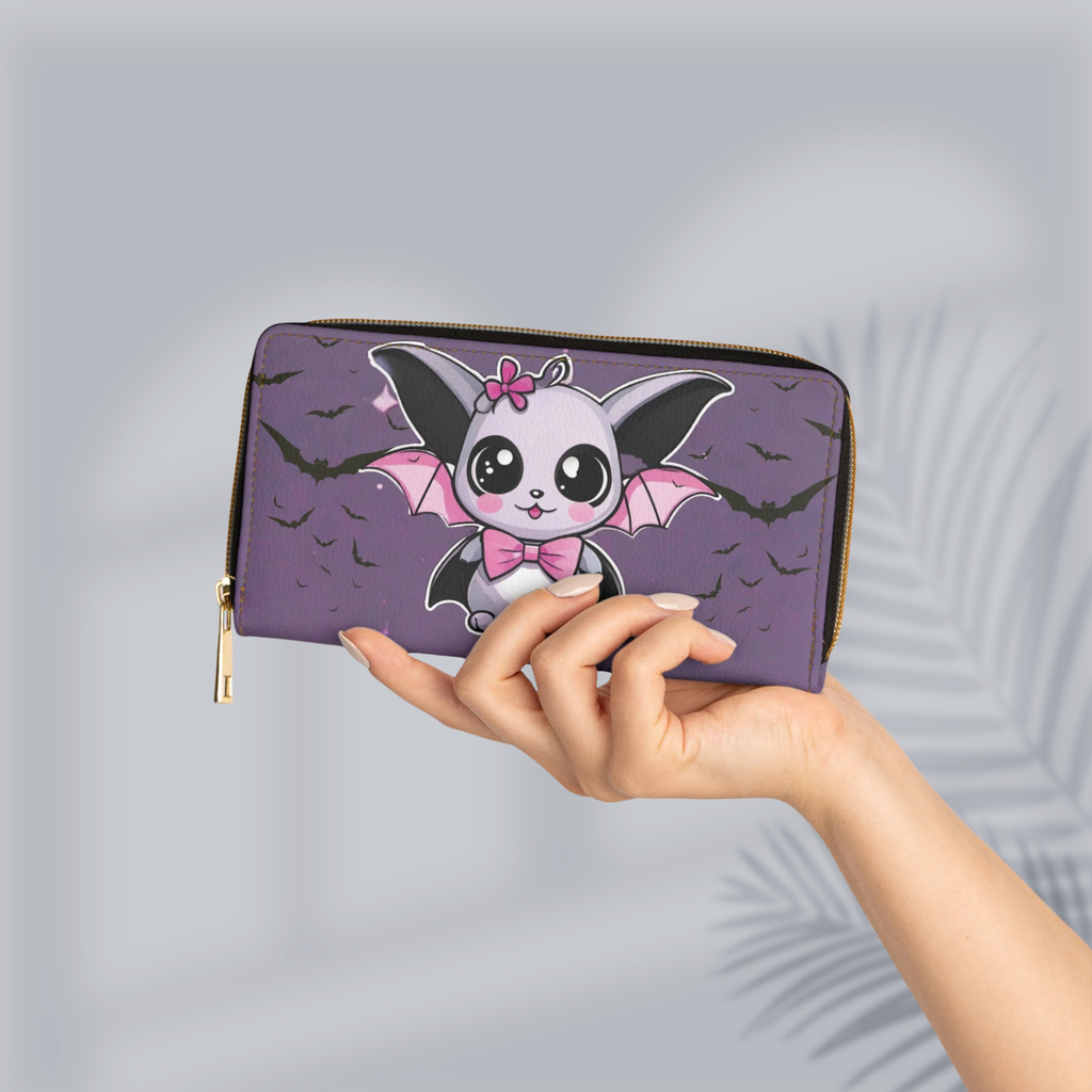 Pastel Goth Kawaii Bat Bow Wallet | Purple Faux Leather Zipper Clutch