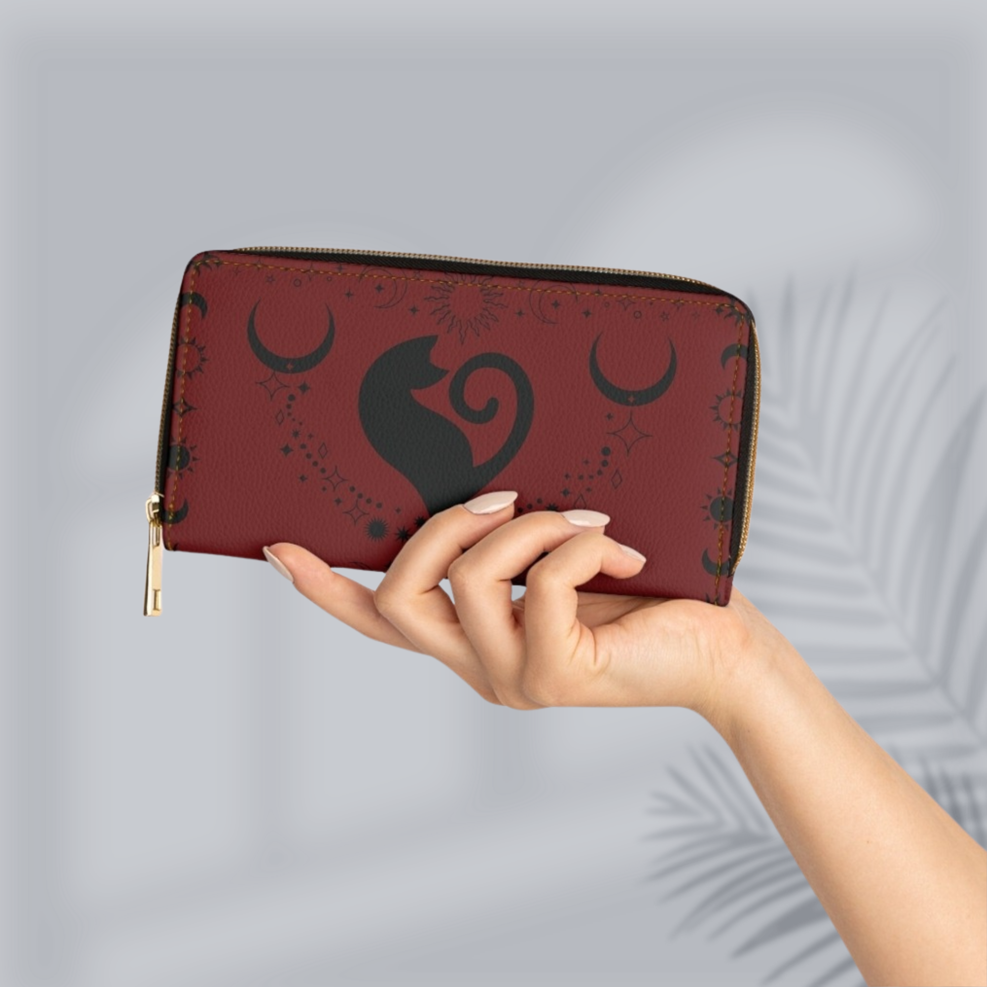 Gothic Celestial Cat Heart Wallet | Crimson Moon Faux Leather Zipper Clutch