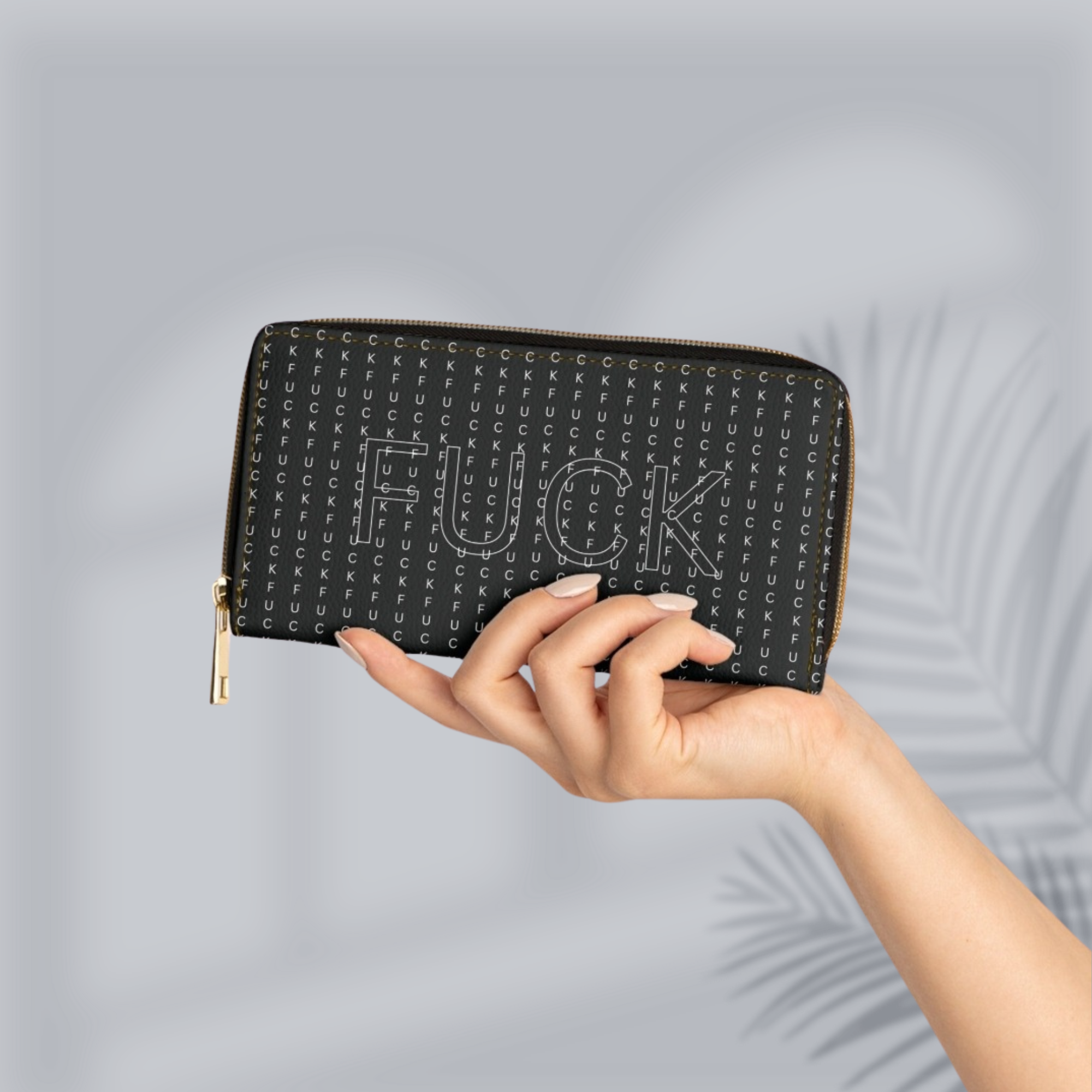 Gothic Pinstripe Curse Word Wallet | Hidden F-Word Faux Leather Zipper Clutch