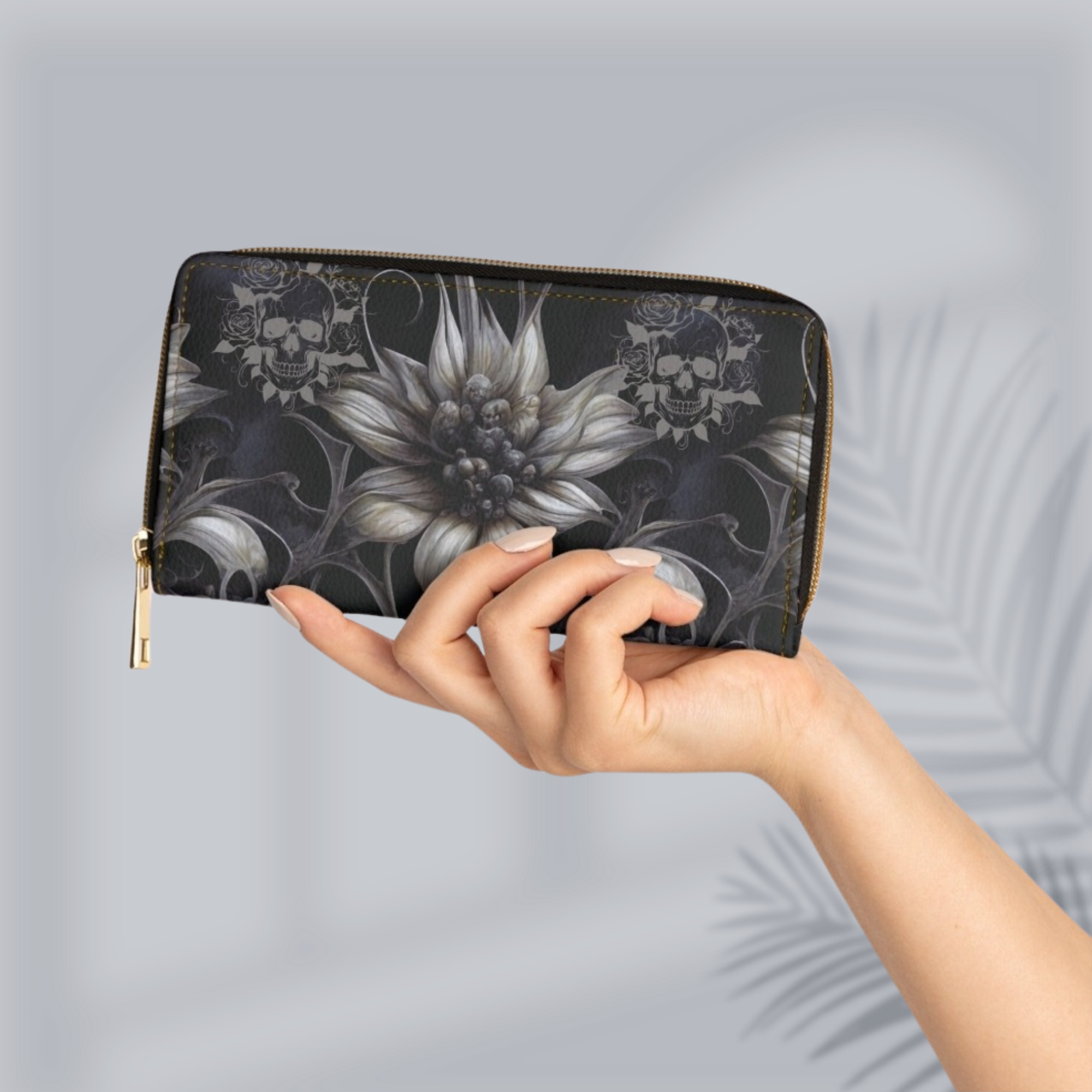 Gothic Botanical Dahlia Skull Wallet | Dark Floral Faux Leather Zipper Clutch