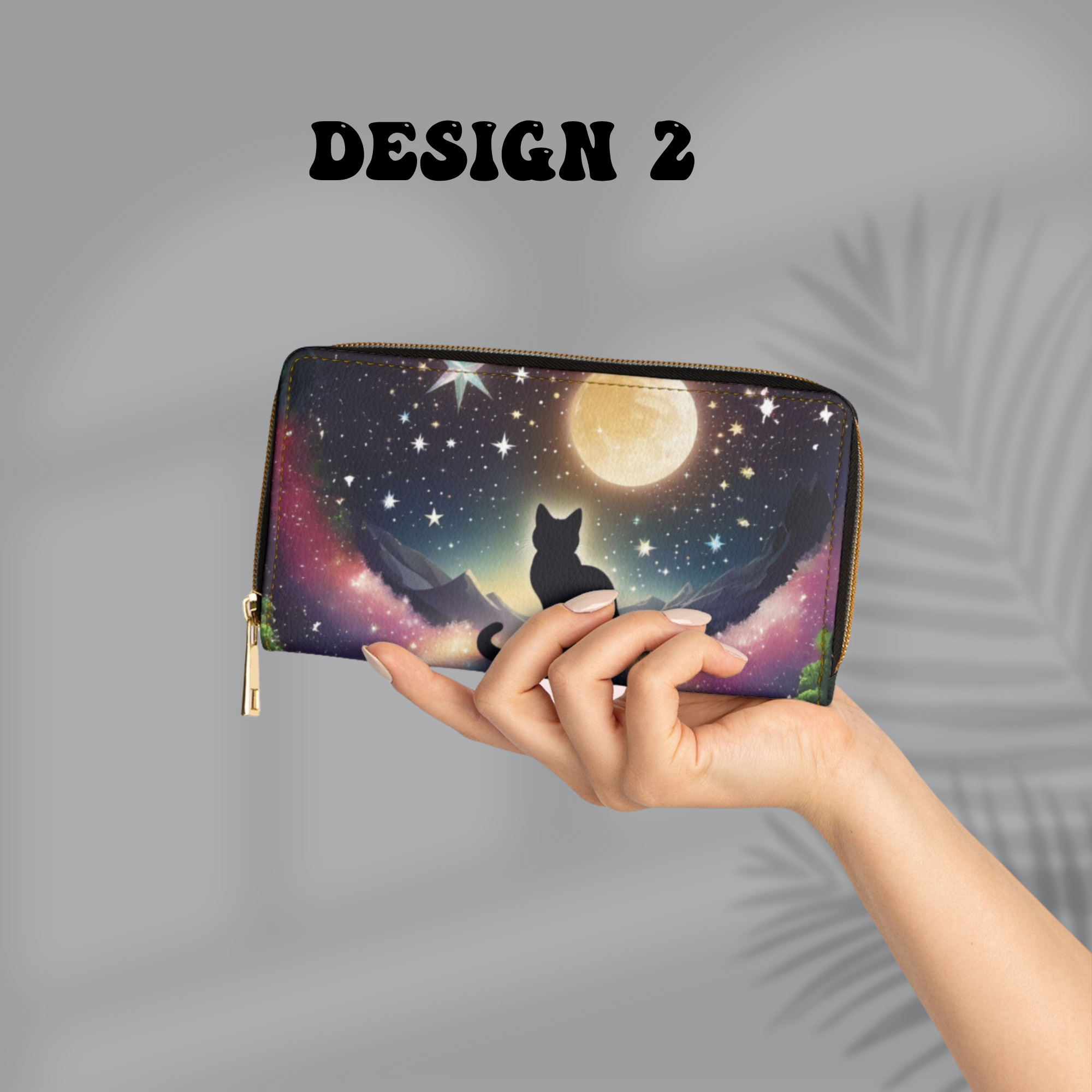 Gothic Black Cat Full Moon Wallet | Celestial Night Sky Faux Leather Zipper Clutch