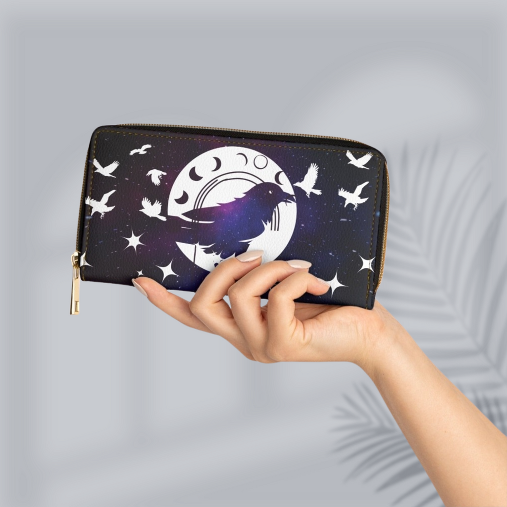 Gothic Celestial Raven Moon Wallet | Witchy Faux Leather Zipper Clutch
