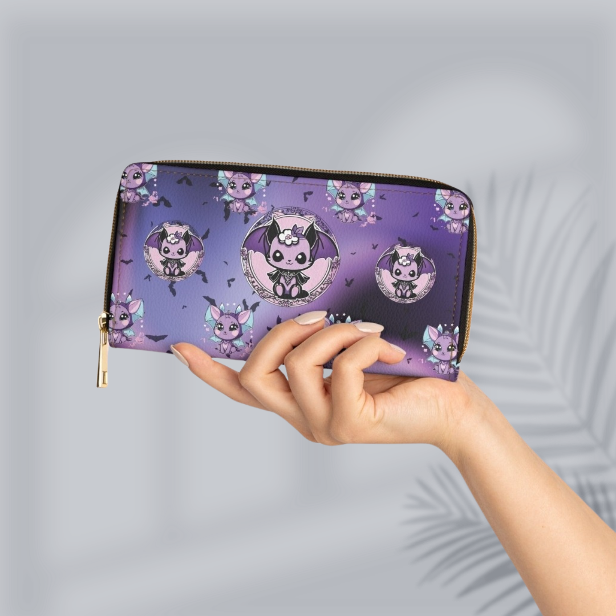 Pastel Goth Kawaii Bat Print Wallet | Purple Faux Leather Zipper Clutch