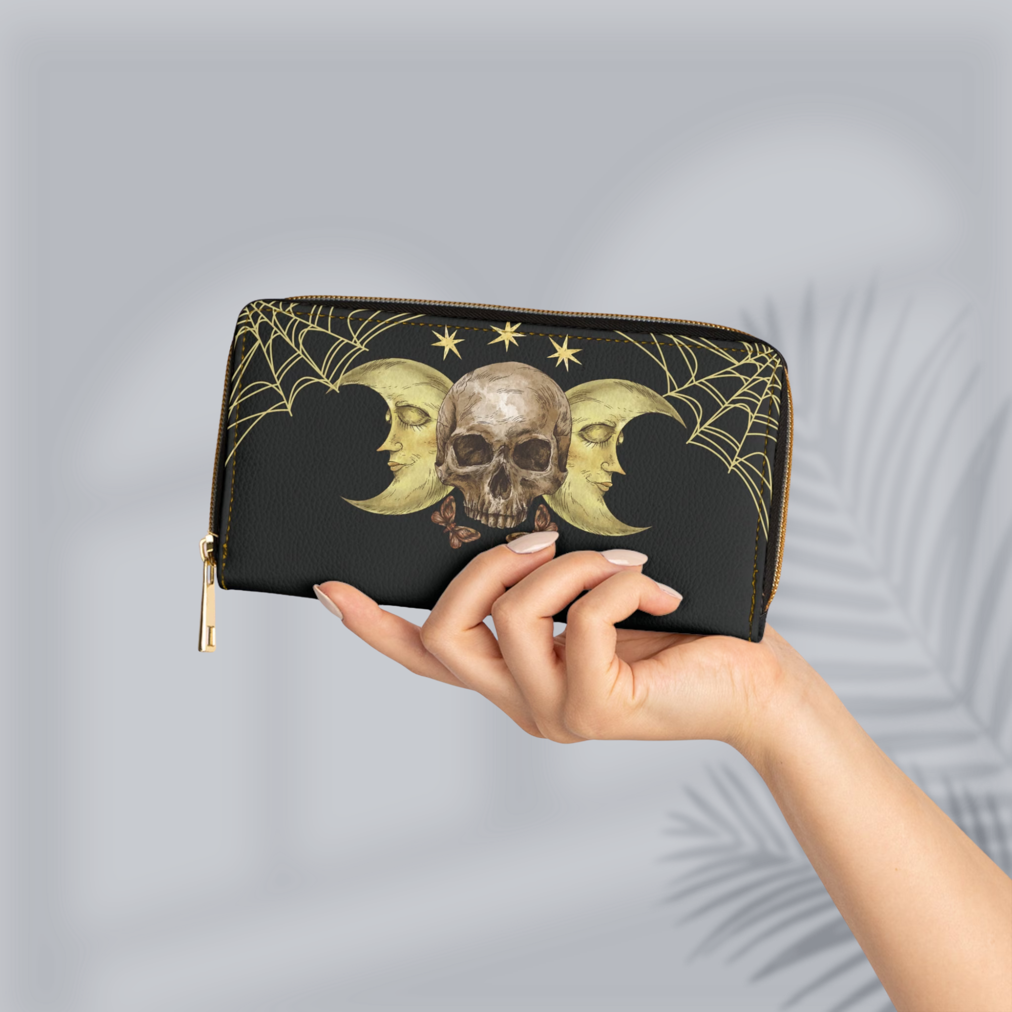 Gothic Triple Moon Skull Wallet | Gold Spider Web Faux Leather Zipper Clutch