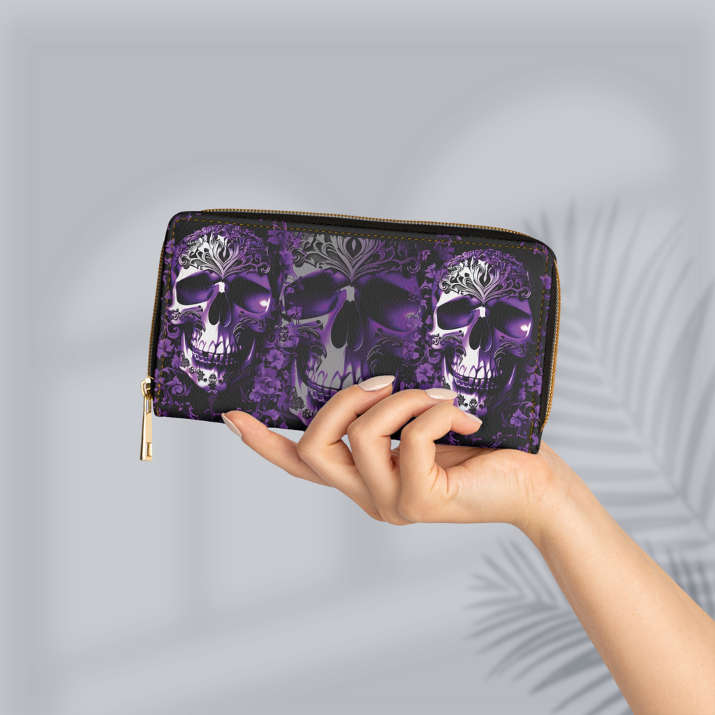 Gothic Purple Skull Floral Wallet | Dark Academia Faux Leather Zipper Clutch