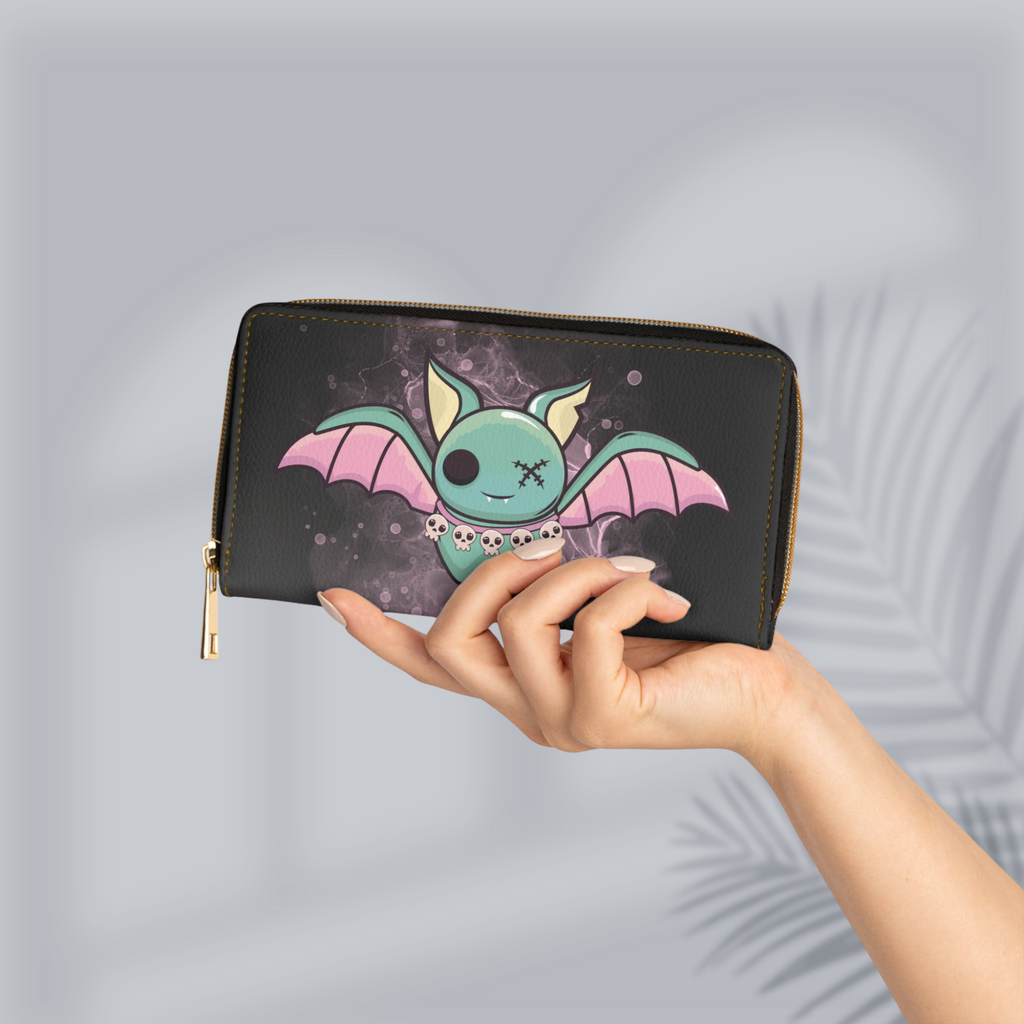 Pastel Goth Kawaii Bat Skull Wallet | Spooky Teal Faux Leather Zipper Clutch