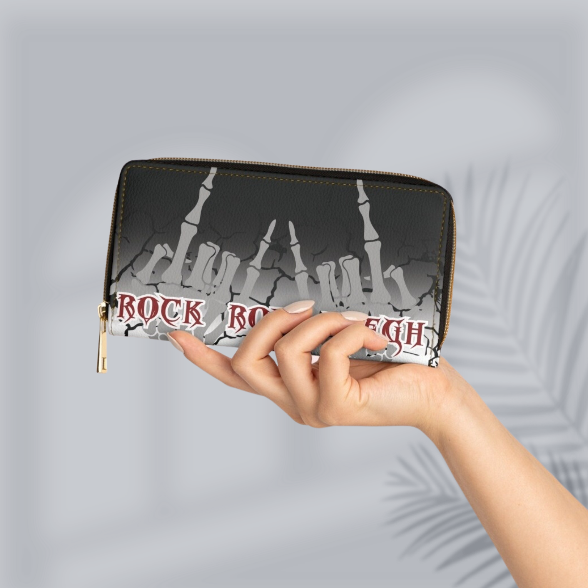 Rock Roll Blegh Skeleton Hands Wallet | Gothic Faux Leather Zipper Clutch