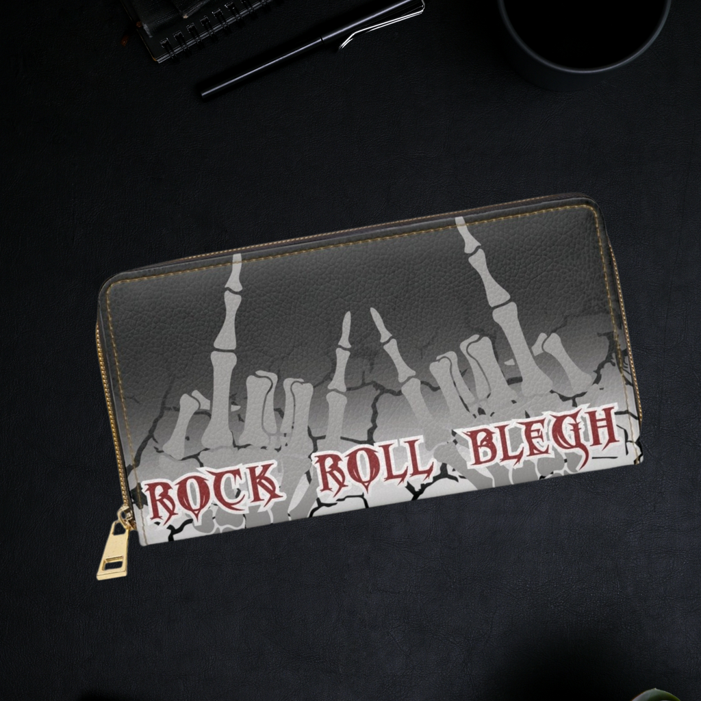 Rock roll blegh skeleton hands cracked surface gothic red lettering faux leather zipper wallet gold hardware

Next one whenever you're ready.