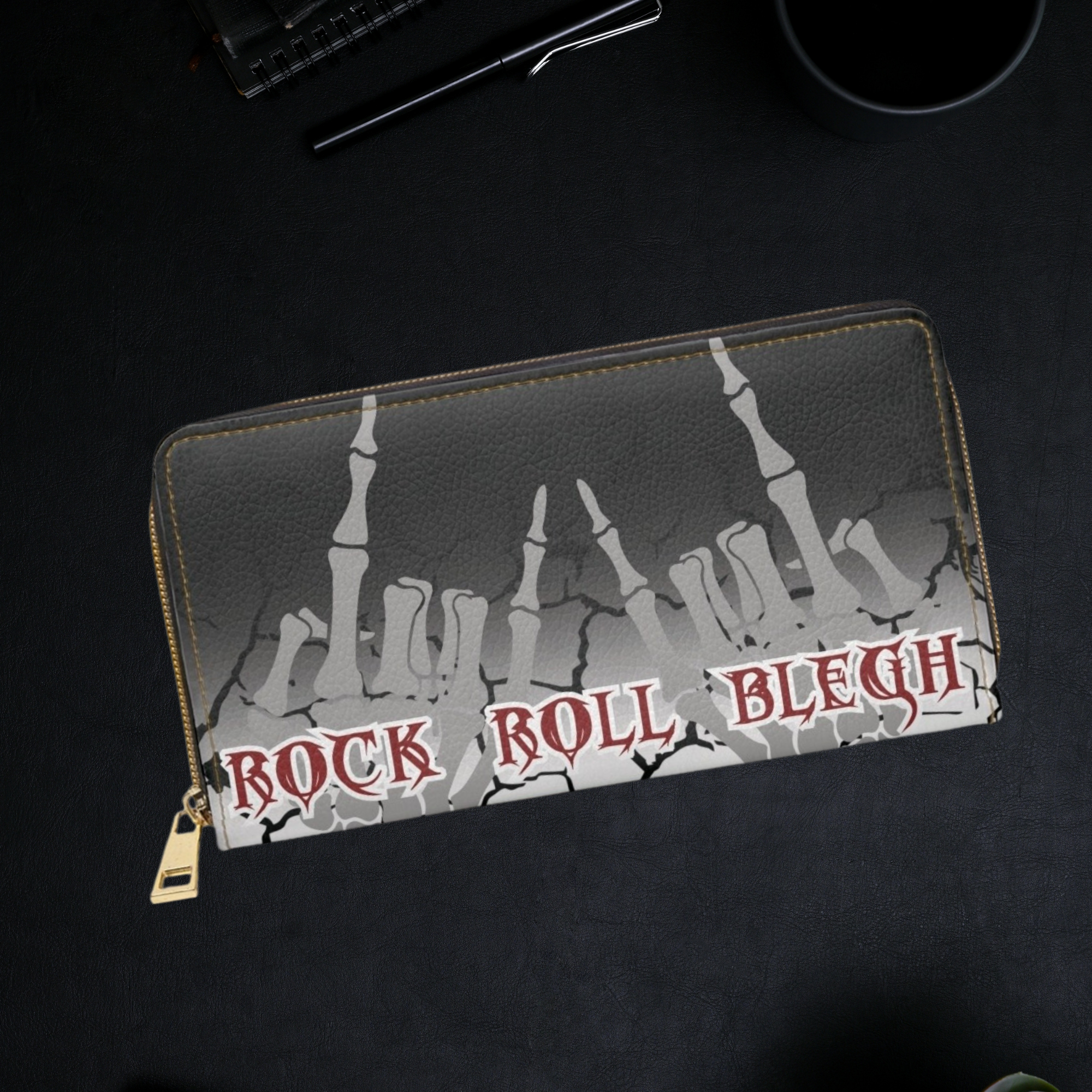Rock roll blegh skeleton hands cracked surface gothic red lettering faux leather zipper wallet gold hardware

Next one whenever you're ready.