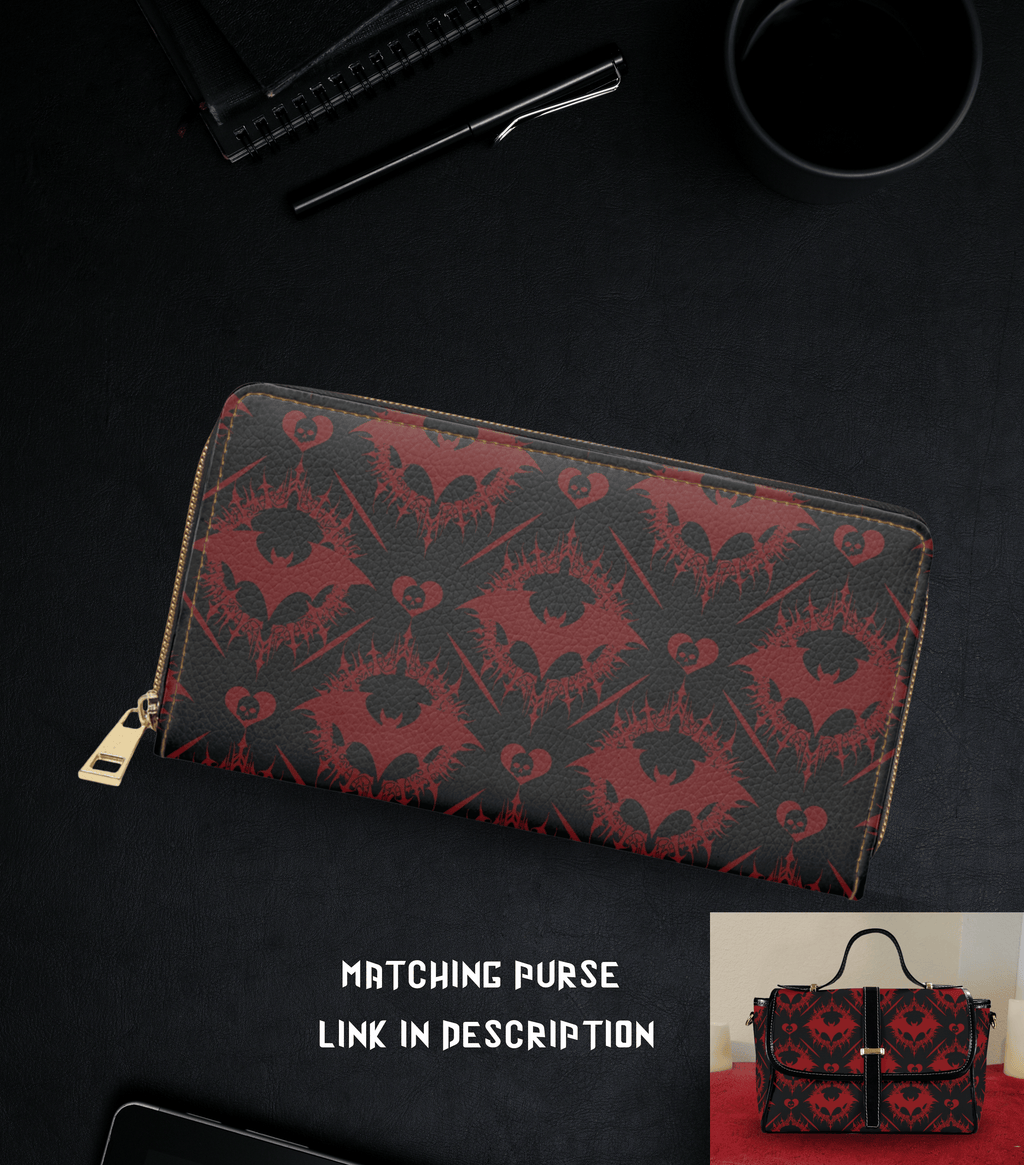 Gothic bat damask pattern black dark red skull hearts thorn faux leather zipper wallet gold hardware

