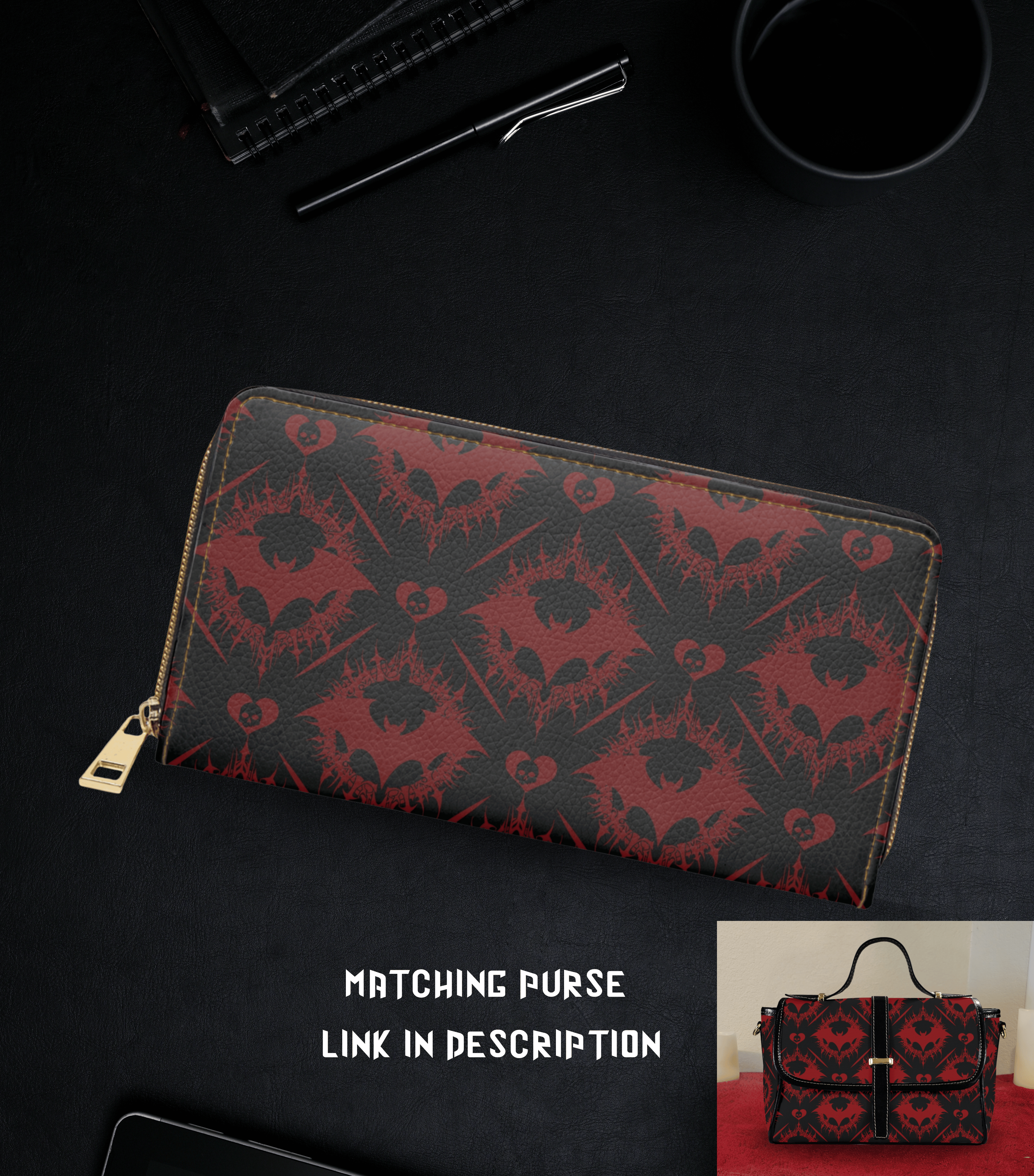 Gothic bat damask pattern black dark red skull hearts thorn faux leather zipper wallet gold hardware

