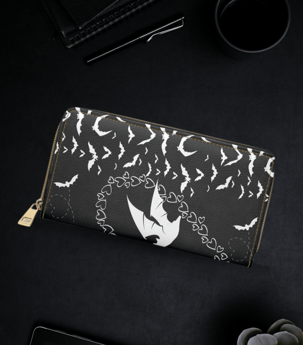 Gothic Bat & Heart Chain Wallet | Two-Sided Black & White Faux Leather Zipper Clutch