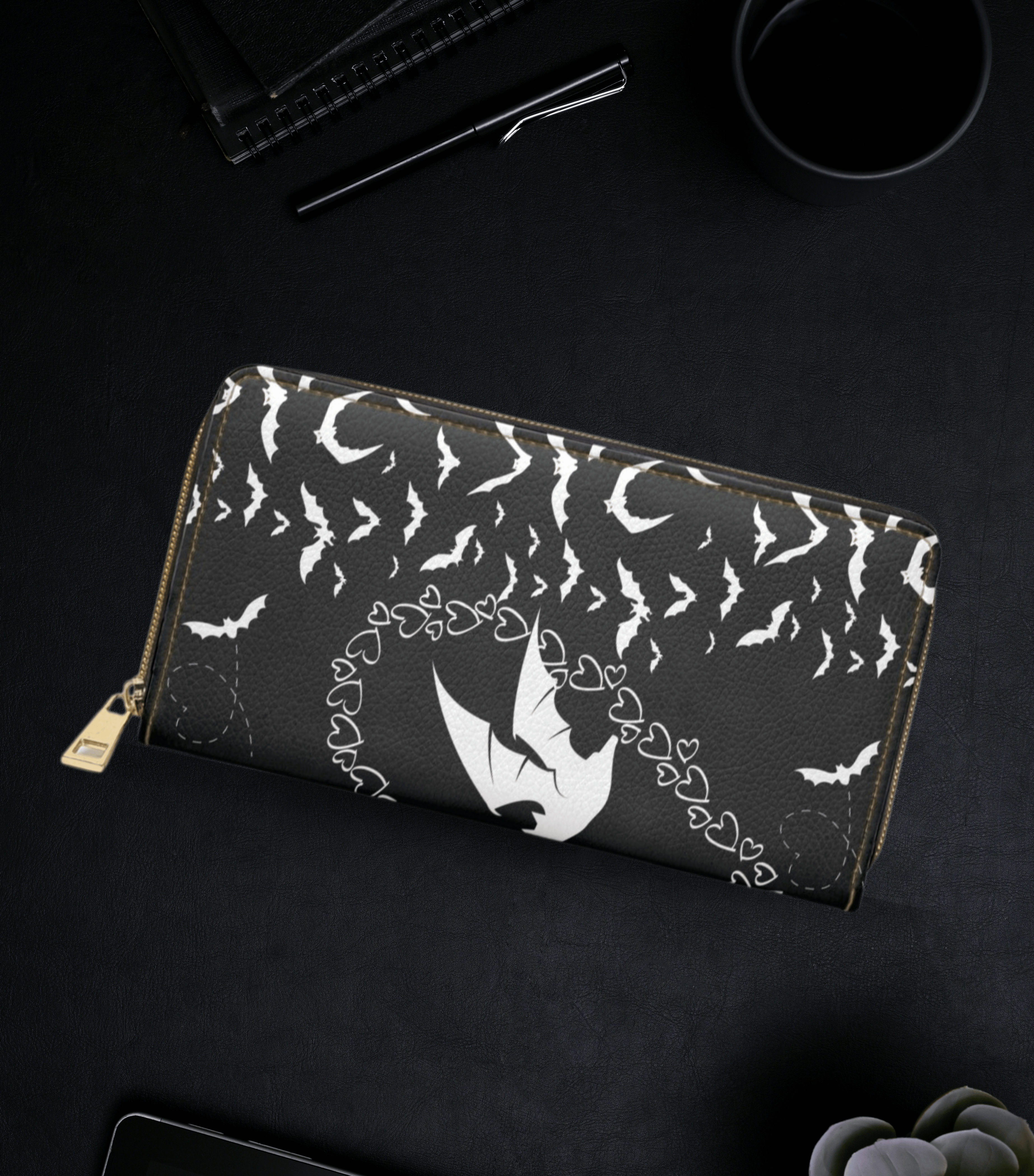 Gothic Bat & Heart Chain Wallet | Two-Sided Black & White Faux Leather Zipper Clutch