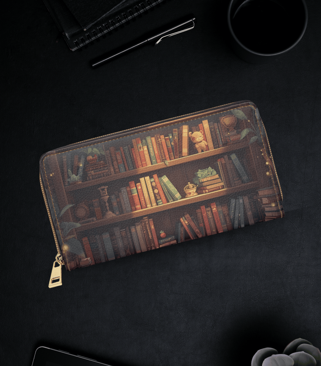 Whimsical Bookcase Wallet | Book Lover Dark Academia Faux Leather Zipper Clutch