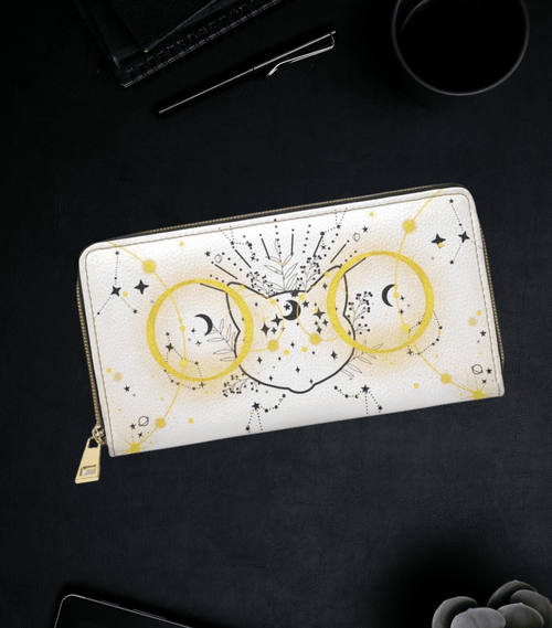 Celestial hidden cat face gold constellation lines crescent moons botanicals white faux leather zipper wallet gold hardware
