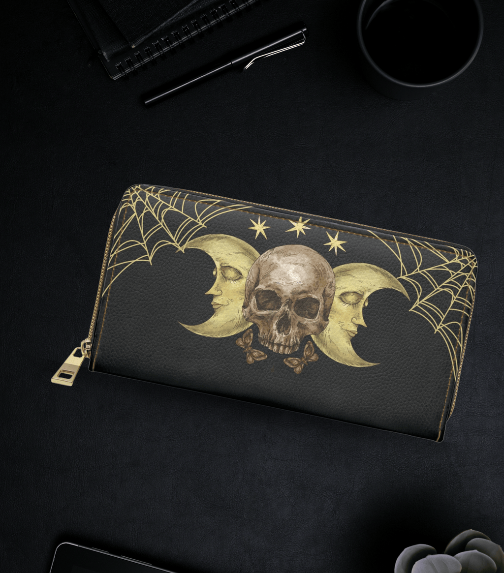 Gothic triple moon skull gold crescent moon faces butterflies spider webs black faux leather zipper wallet gold hardware