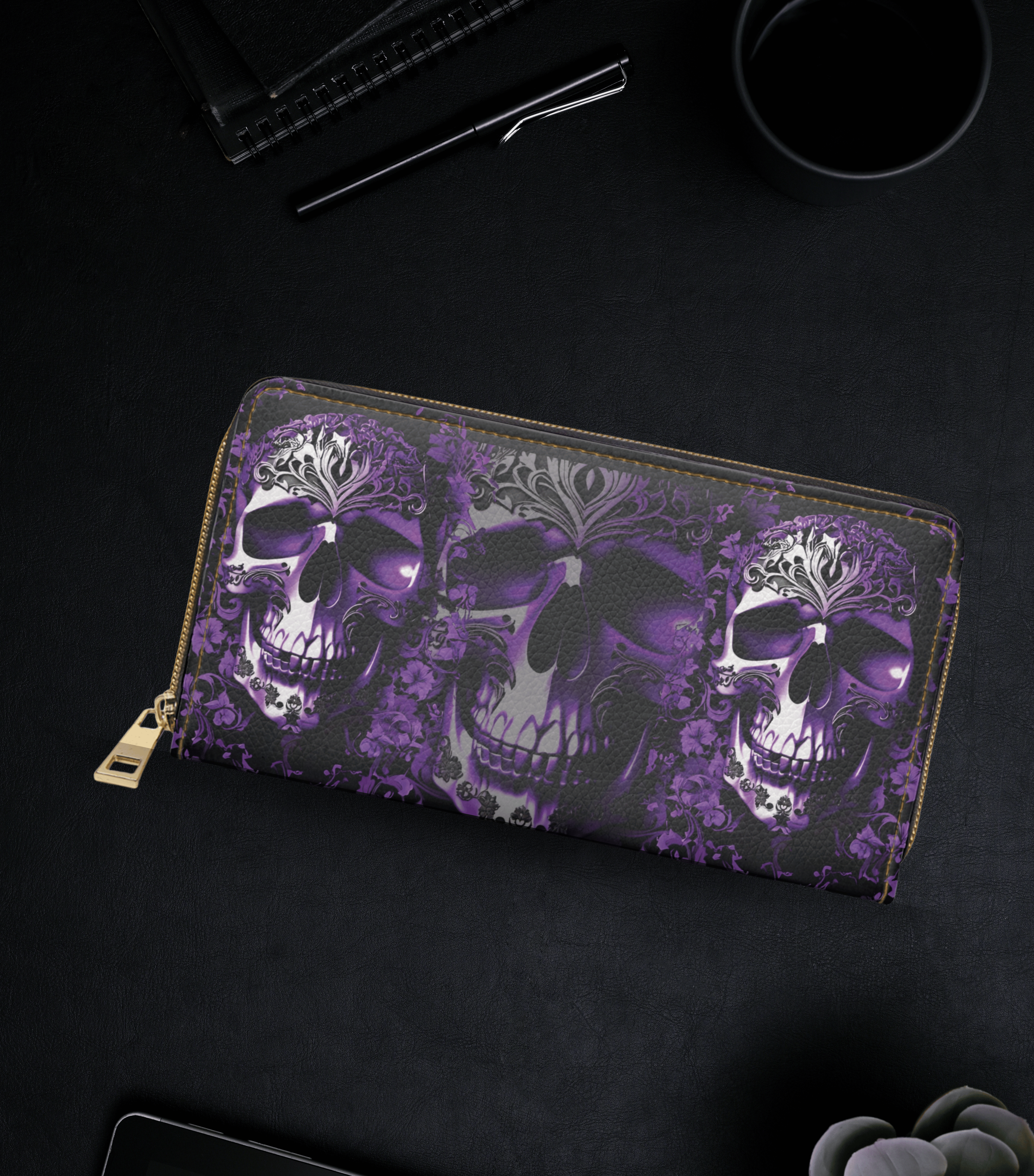 Gothic purple skull floral crown glowing eyes dark botanical black faux leather zipper wallet gold hardware